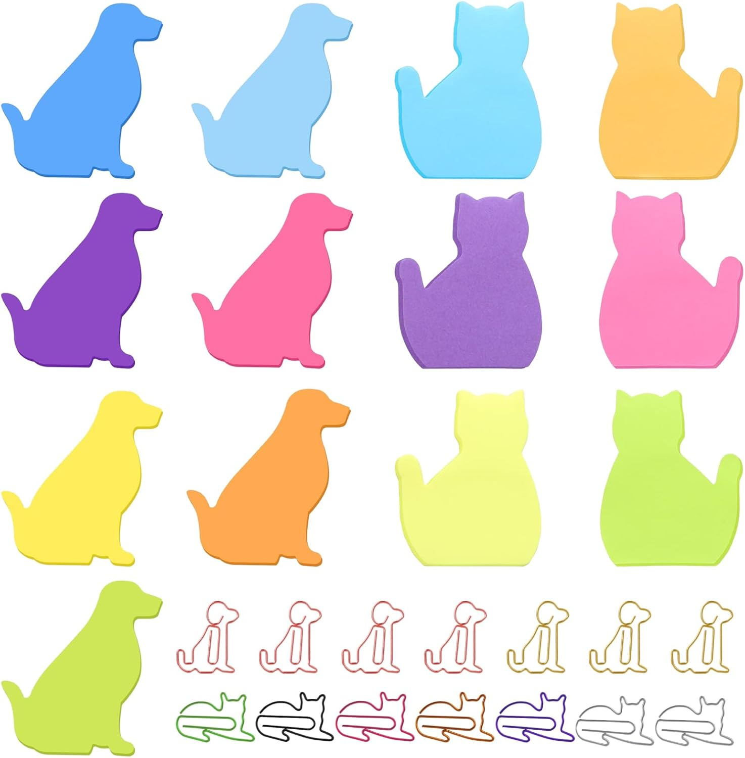 390Pcs Cat Sticky Notes Animal Sticky Notes with 14 Pcs Cat and Dog Paper Clips Cute Dog Sticky Notes Colorful Self-Stick Note Pads(7 Color)