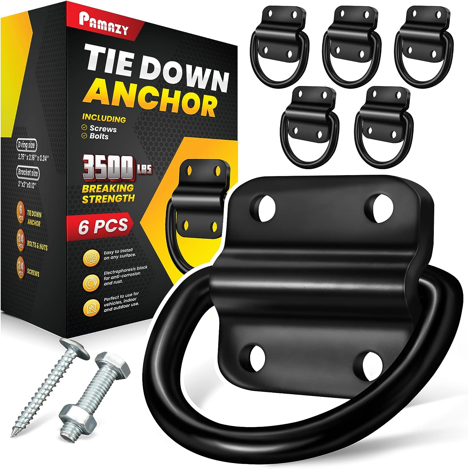 6PCS Heavy Duty Steel D Rings Tie down Anchors, Ultra Durable 3500 Pound Breaking Strength Surface Mount Hooks Securing Cargo for Trailer, Truck Bed, with Screws & Bolts