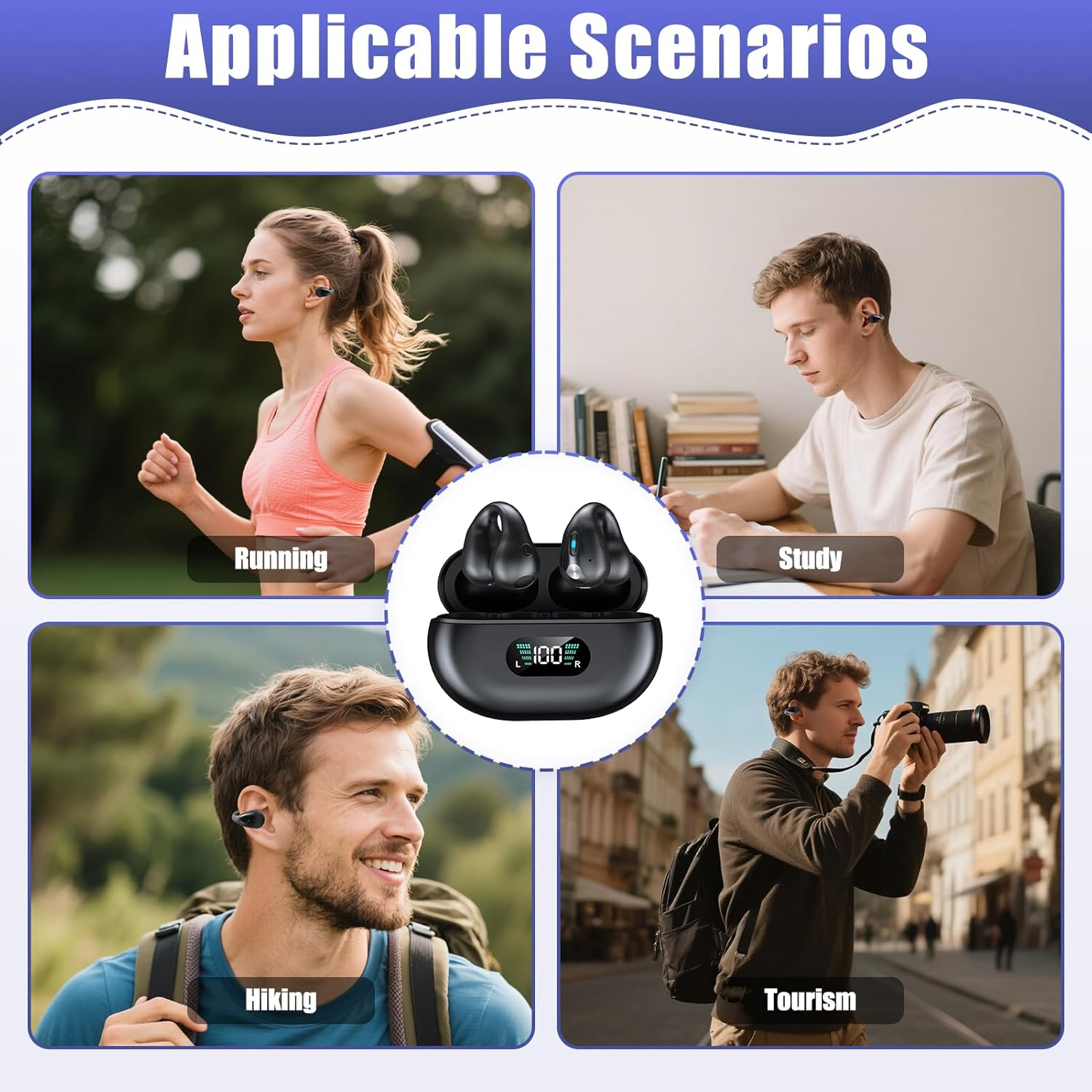 Open Ear Headphones, Bluetooth 5.3 Clip-On Open-Ear Earbuds with LED Display, 36-Hour Battery, Hi-Fi Stereo Sound, IPX4 Waterproof, Lightweight for Running, Workout, Dual Connection, No Sound Leakage image number 3