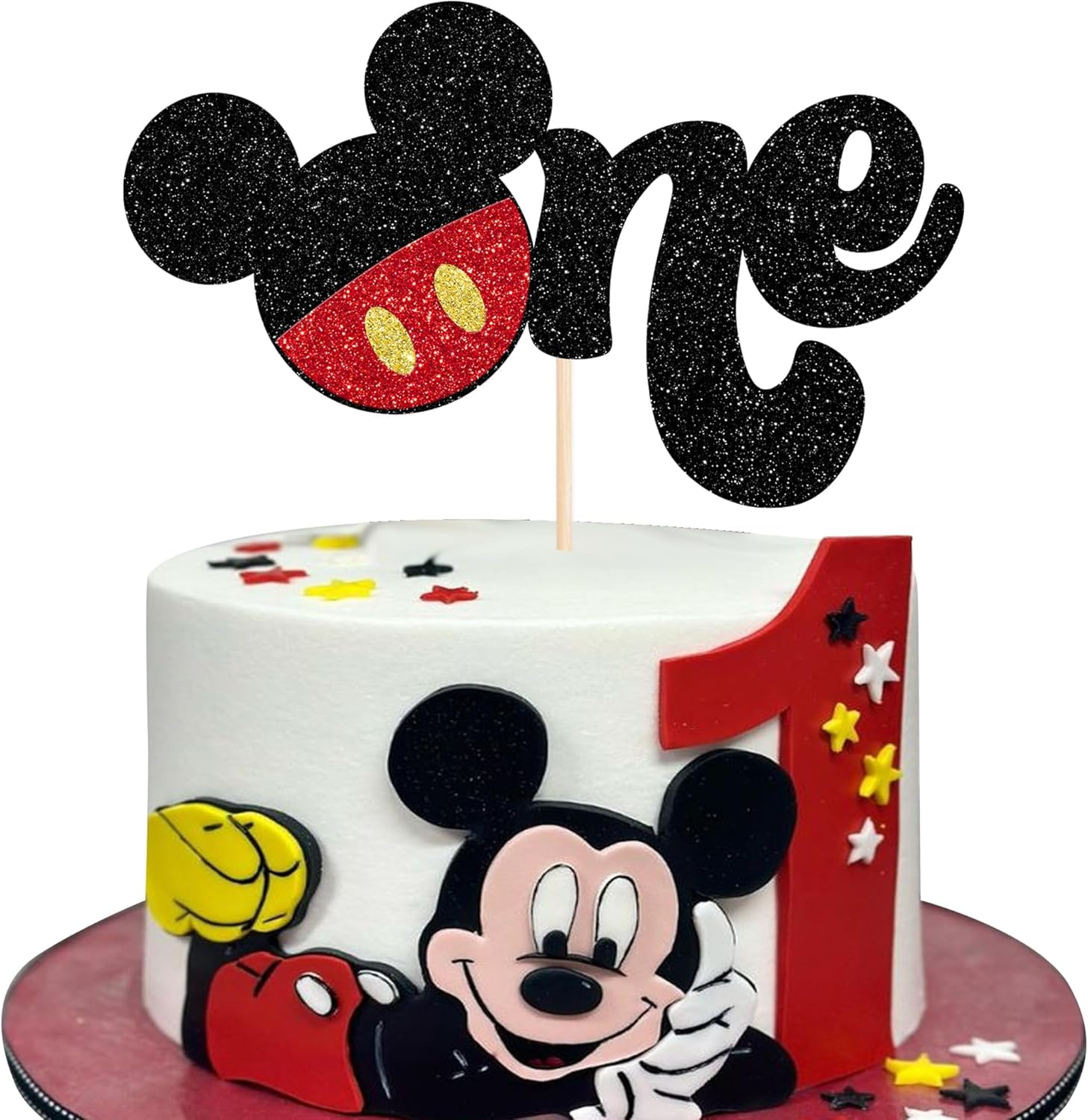 1 Pack Mouse First Birthday Cake Toppers Glitter White Gloves Mouse Inspired One Birthday Cake Pick for Baby Shower Kids First Birthday Party Cake Decorations Supplies Red(#5) image number 5