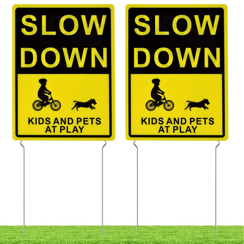 Kichwit 2 Pack Double Sided Slow down Kids and Pets at Play Yard Signs with Metal Stakes, Sign Measures 11.8 X 15.7 Inches