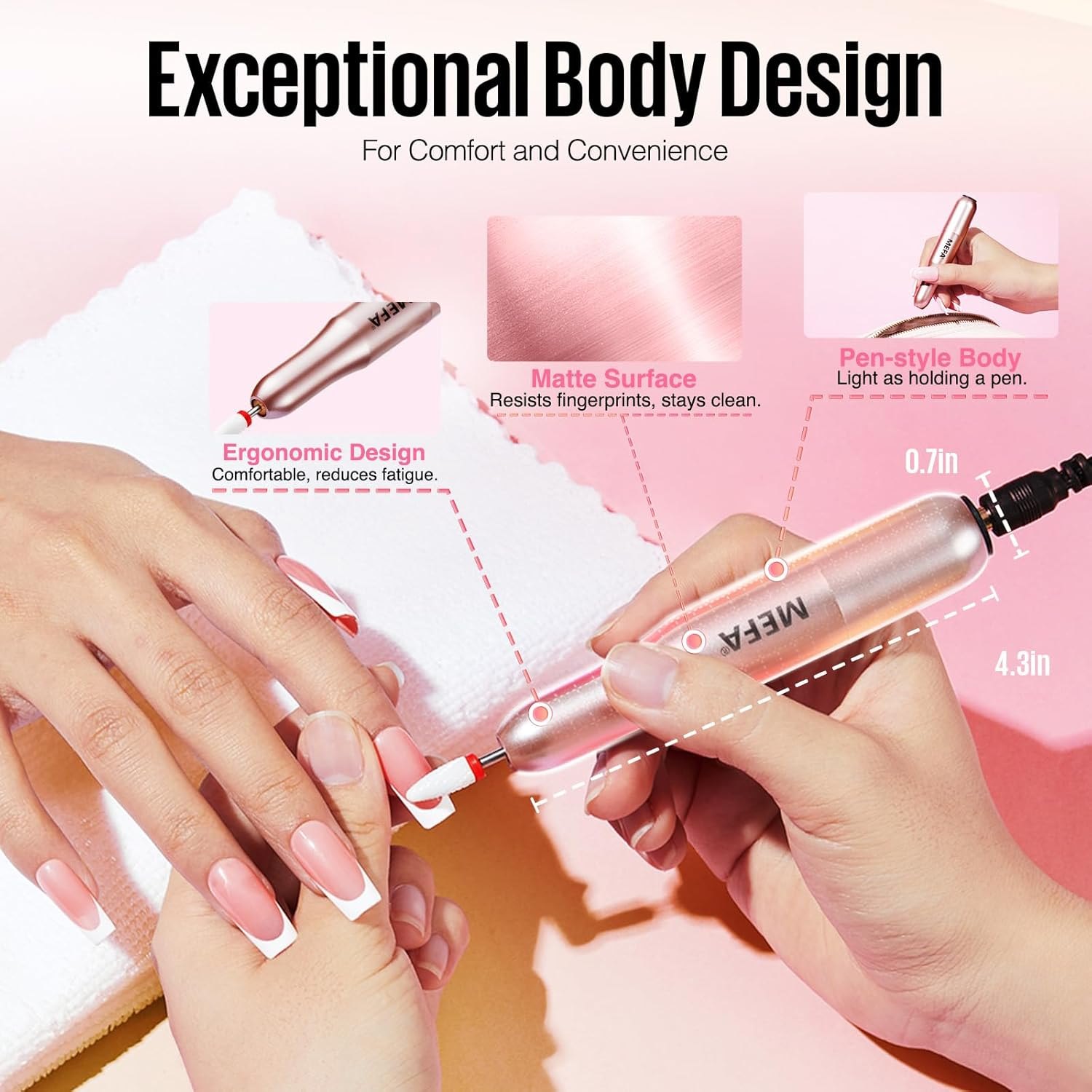 MEFA Nail Drill, 16 PCS Kit Electric Nail Drill with Nail Drill Bits & Cuticle Oil Pen, Portable Electric Nail File Professional, 20000RPM Manicure Pedicure Nail Set Efile Nail Drill for Home Salon image number 6