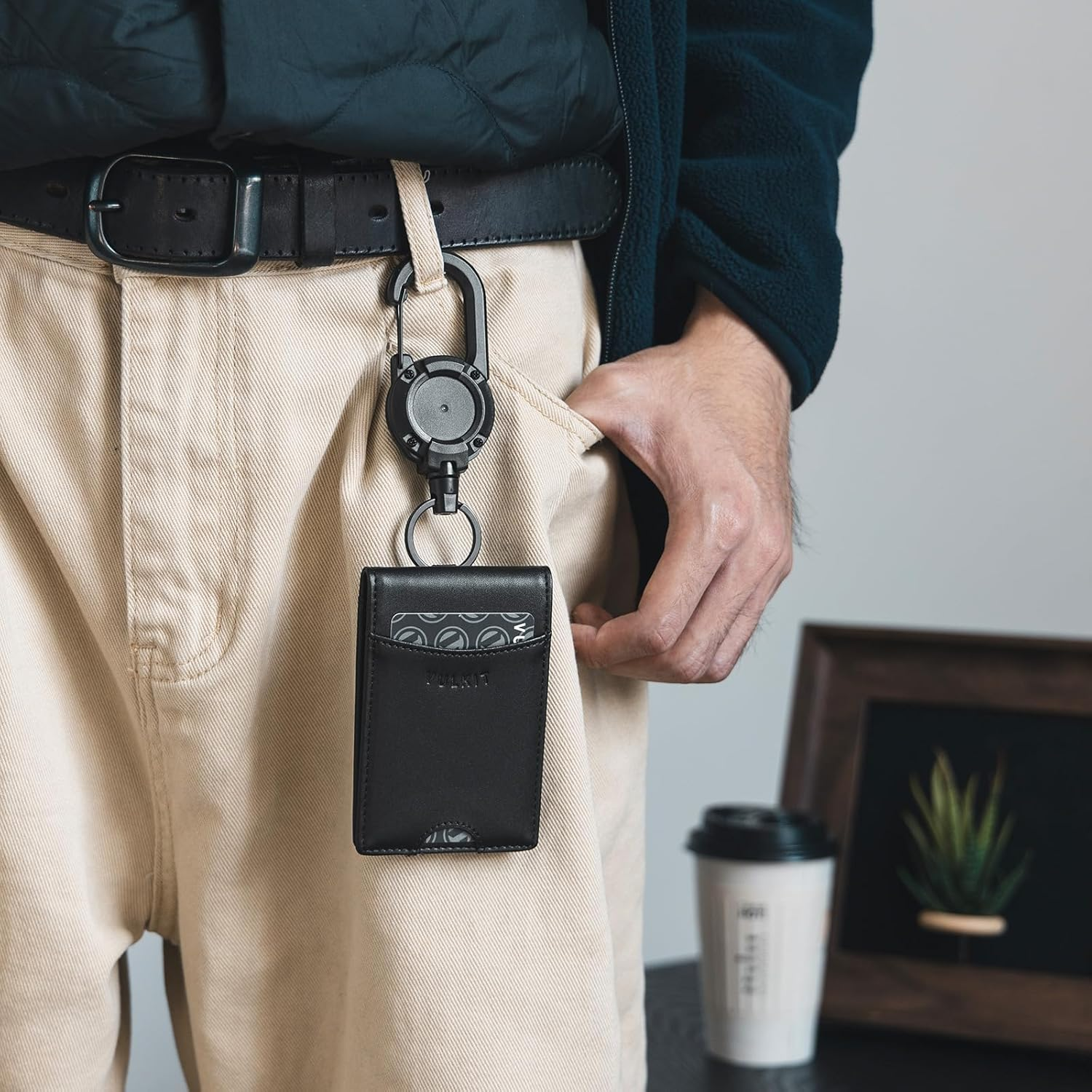 VULKIT Badge Holder Retractable Clip, Leather Bifold Double ID Card Holder, Retractable Keychain Carabiner, Holds 5 Cards, Keys Black image number 5