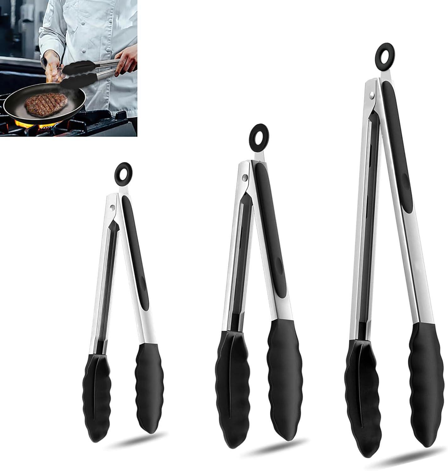 3-Piece Set Kitchen Tongs - Stainless Steel with Heat-Resistant Silicone Tips for Cooking, Grilling, Turning - Includes 7", 9", and 12" Sizes - Black Silicone Handles - Bpa-Free image number 4