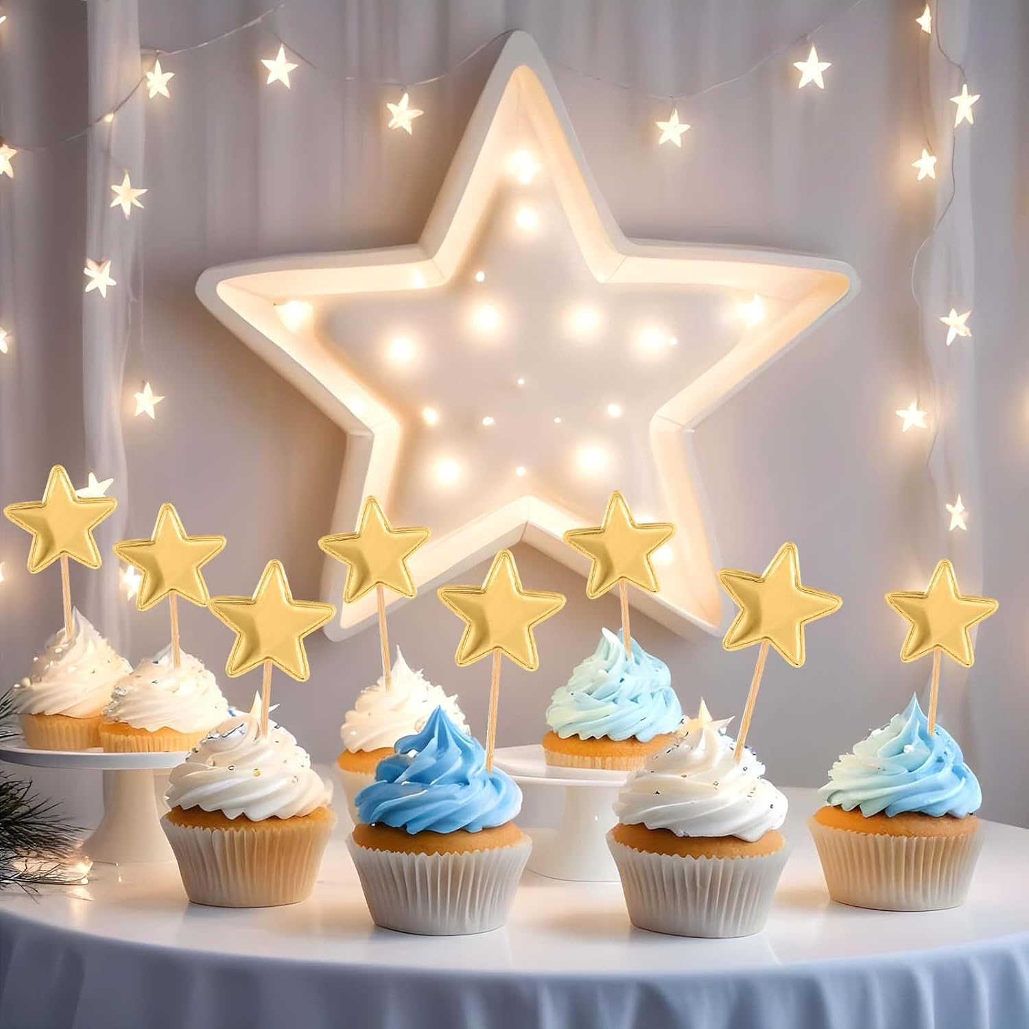 Thinp 50 Pcs Gold Star Cupcake Toppers,Stars for Cake Decorating Star Cake Toppers Gold Cupcake Toppers Sticks for Wedding Engagement Bridal Shower Birthday Party