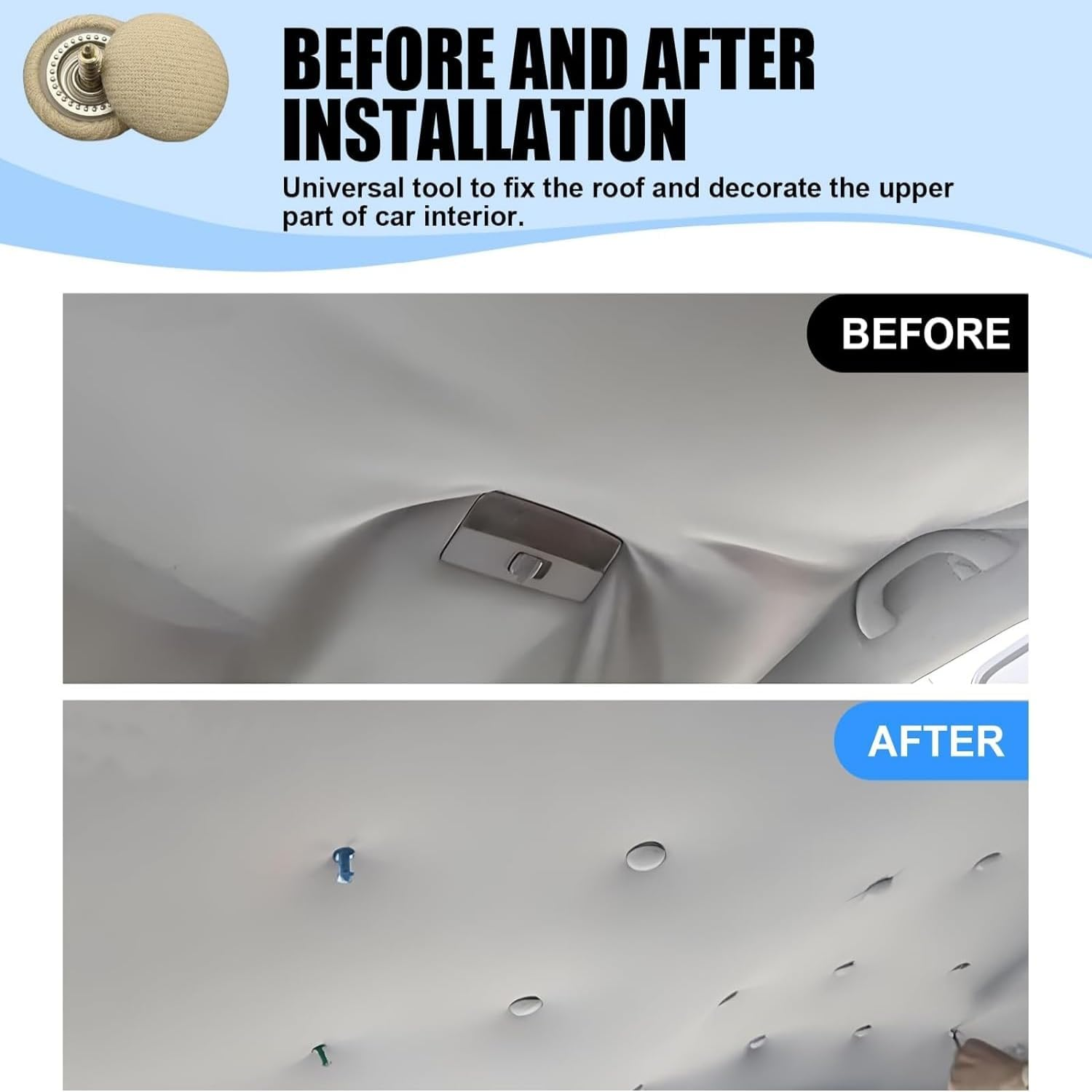 60 Pcs Automotive Car Roof Headliner Repair Kit, Universal Auto Roof Snap Rivets Repair Button Retainer Design for with Installation Tool and Fit All Cars Roof Flannelette Fixed (Gray) image number 6