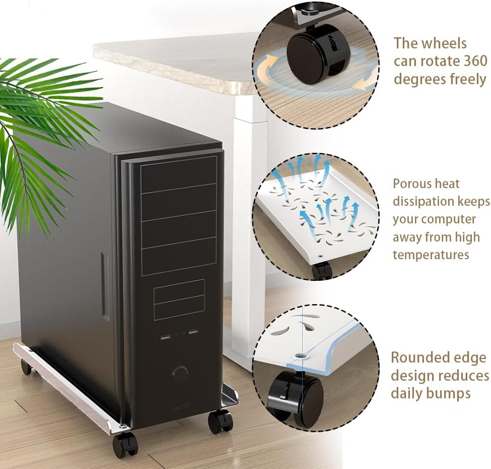 Computer Tower Heavy-Duty CPU Stand Cart with Four Wheels Rolling Monitor Support Mobile PC Holder Desk Accessories (White) image number 6