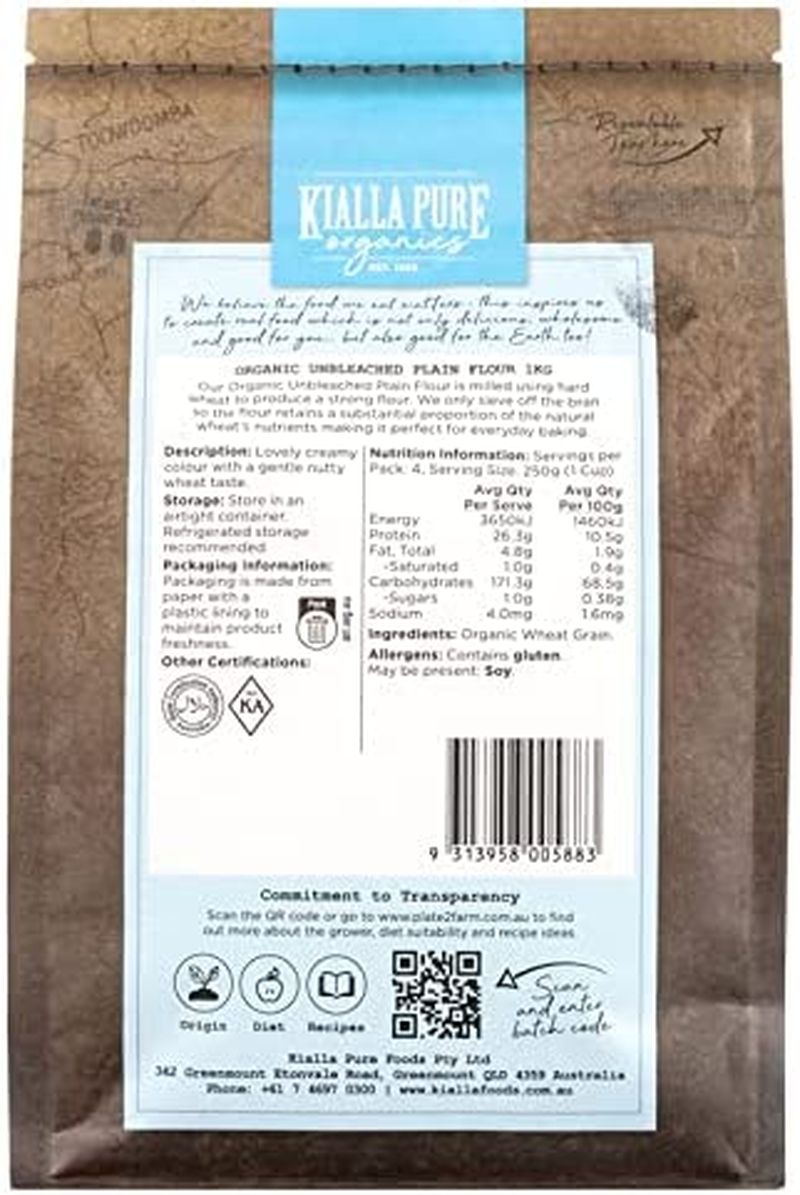 Kialla Pure Organics Organic Unbleached Plain Flour, 1 Kg, Multicolour image number 1