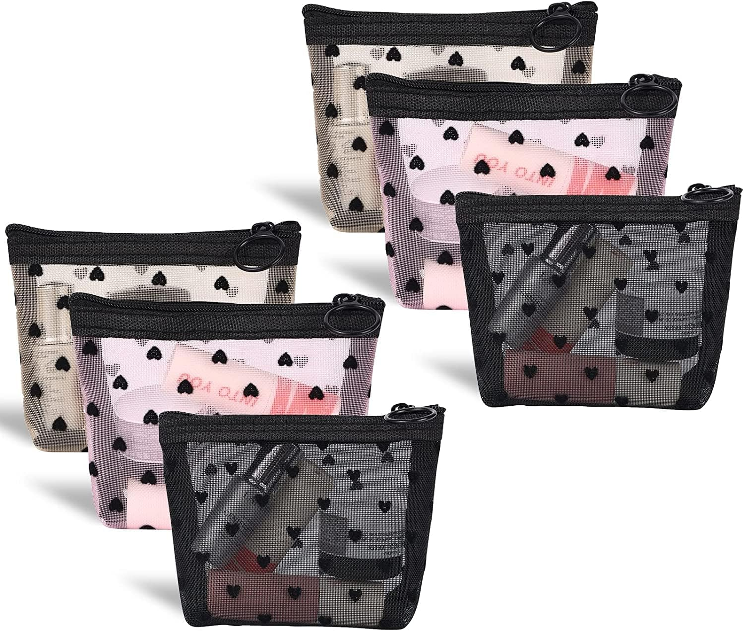 Mesh Makeup Bags, Heart Print Zipper Mesh Storage Pouch, Travel Cosmetic Accessories Organizer for Women, Black-Set of 3