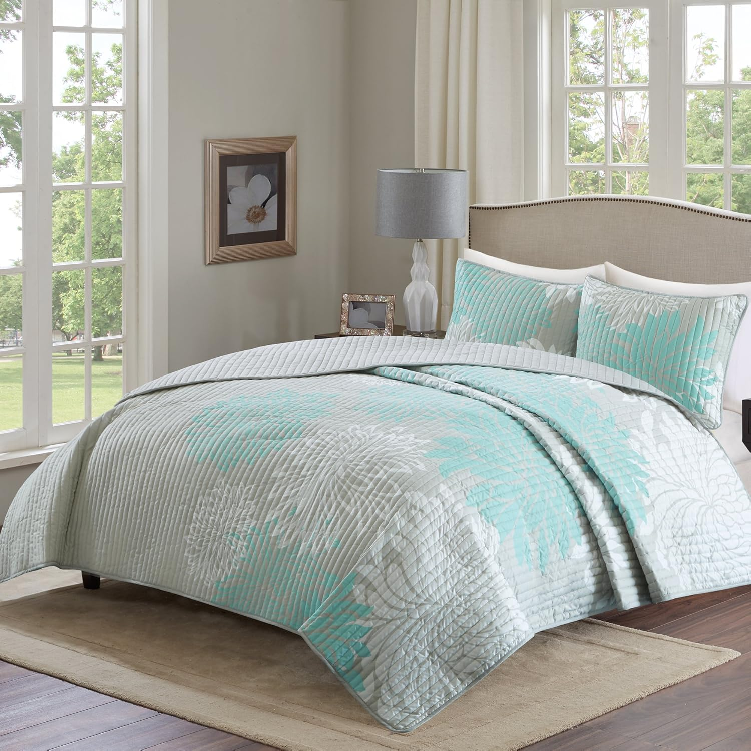 Comfort Spaces Enya Quilt Set - Casual Floral Print Channel Stitching Design, All Season, Lightweight Coverlet, Cozy Bedding, Matching Shams, Decorative Pillows, Full/Queen(90"X90"), Aqua 3 Piece image number 5