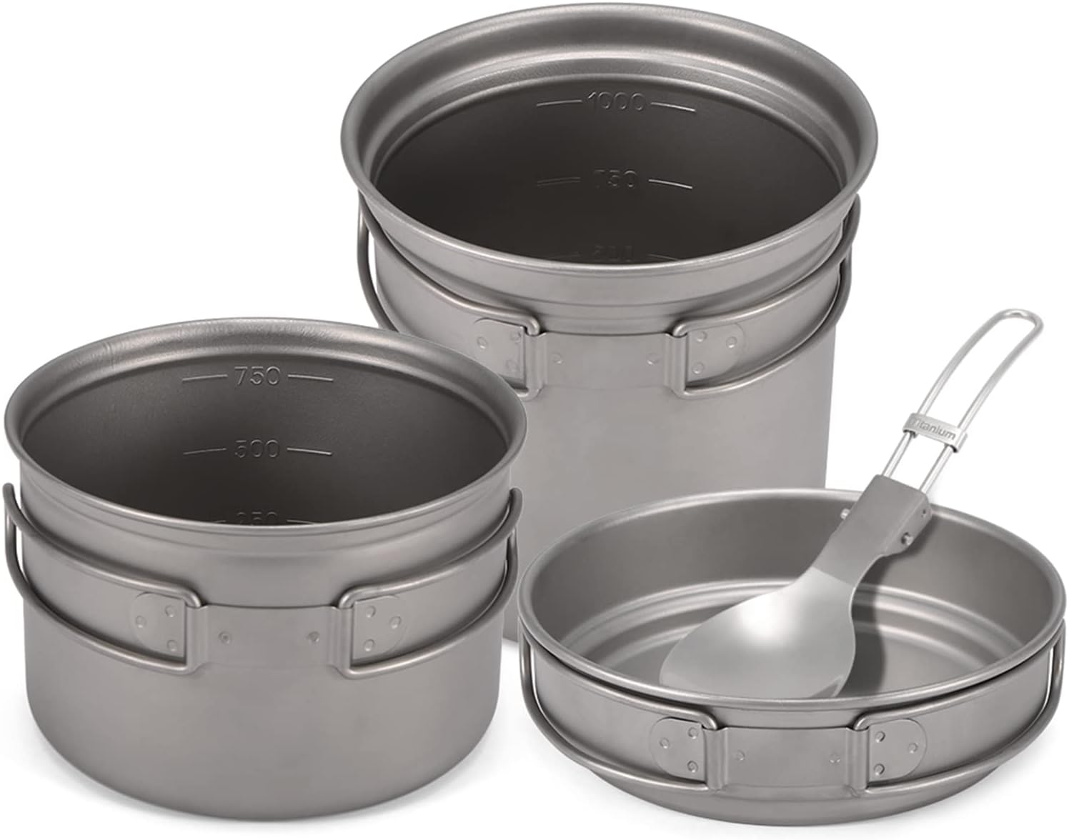 LAPOOH Camping Titanium Cookware Set 1000Ml 750Ml Pot Pan Spoon Set for Outdoor Camping Hiking Backpacking Picnic Cooking Equipment image number 2