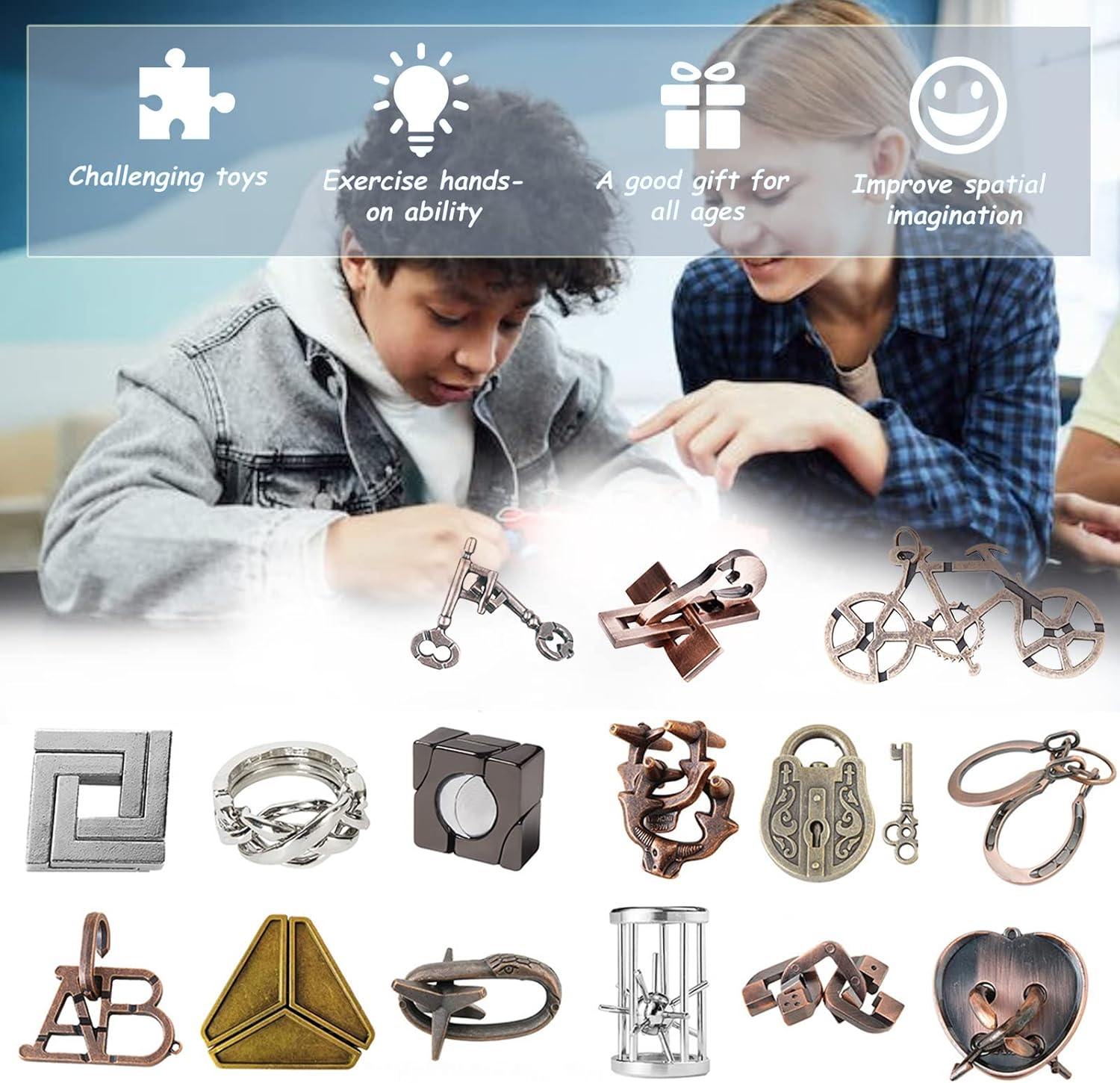 Roseflower 15 Pcs IQ Test Puzzle Brain Teaser Metal Wire Puzzles Mind Game Educational Toys Disentanglement Unlock Interlock Game Magics Trick Toy for Party Favor Kids Adults Challenge Interlock Game - 2 image number 4