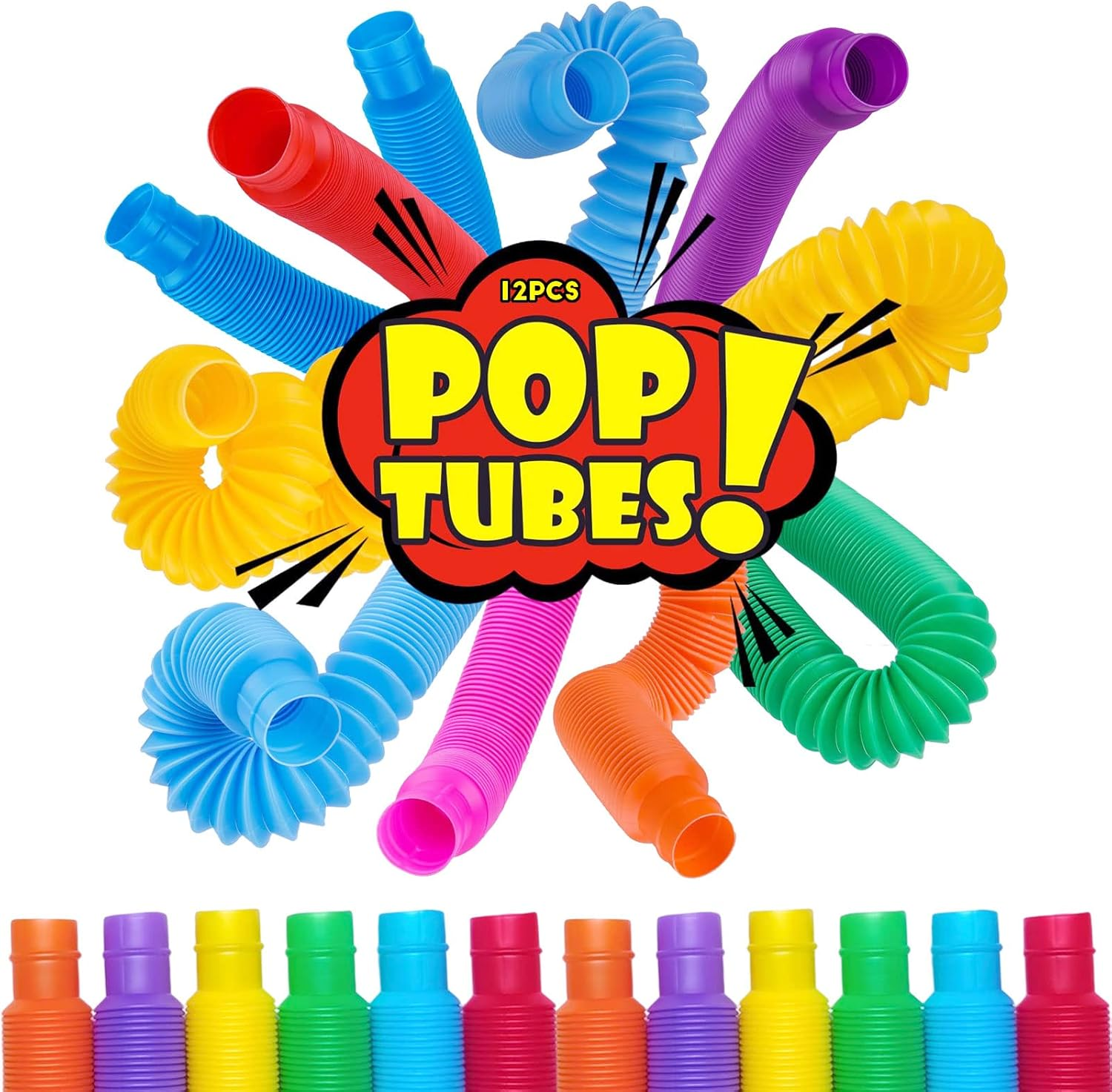 12 Pack Pop Tubes Sensory Toys with 6 Colors for Kids&Toddlers,Stress and Anxiety Relief Fidget Toy ,Imaginative Play & Fine Motor Skills Learning,Tons of Ways to Play,Connect, Stretch, Twist & Pop image number 6