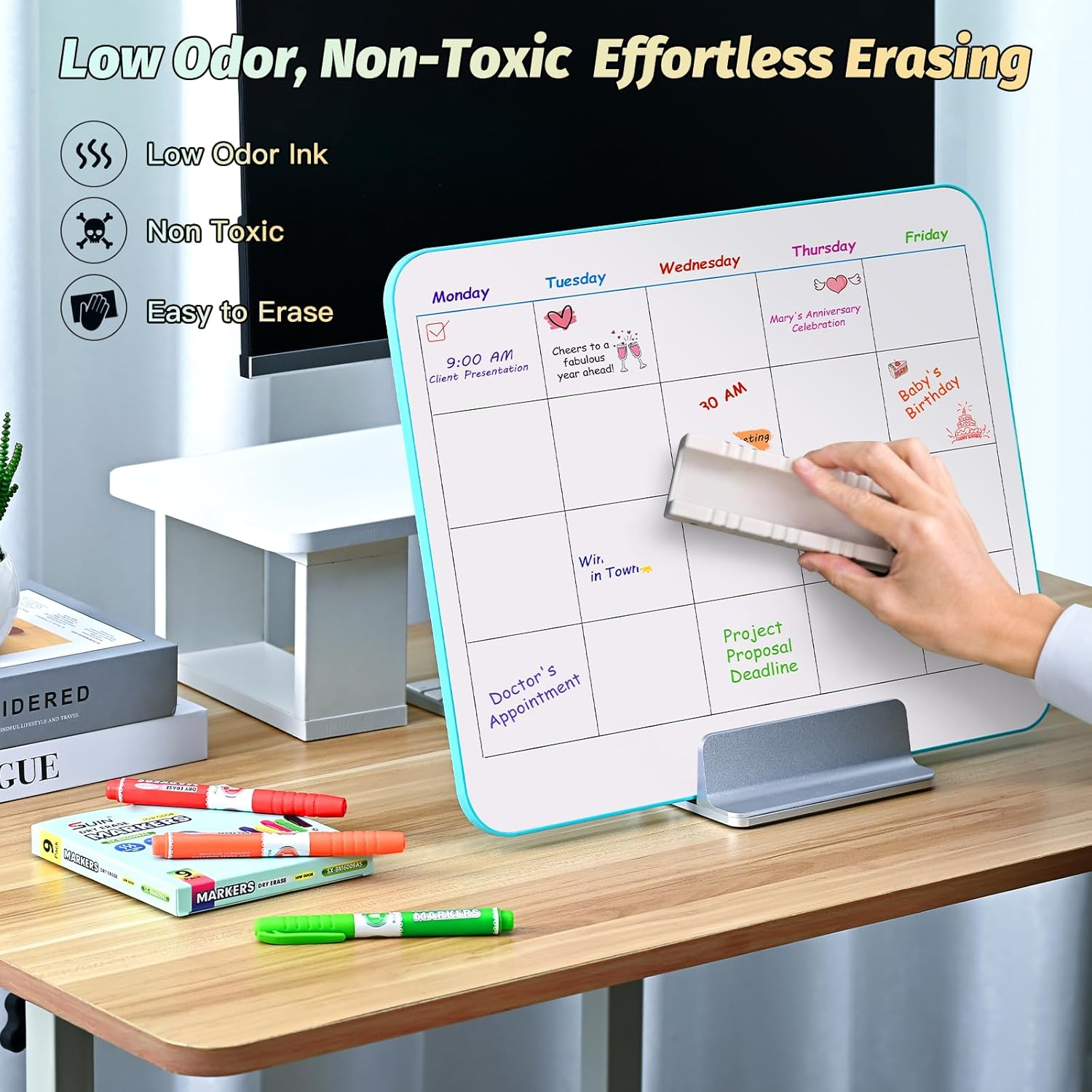 SUIN 9 Colour Low-Odour Whiteboard Markers - Slimline Pens, Medium Fine Tip Whiteborad Pens for Home, Work, School (Pack of 9) image number 5