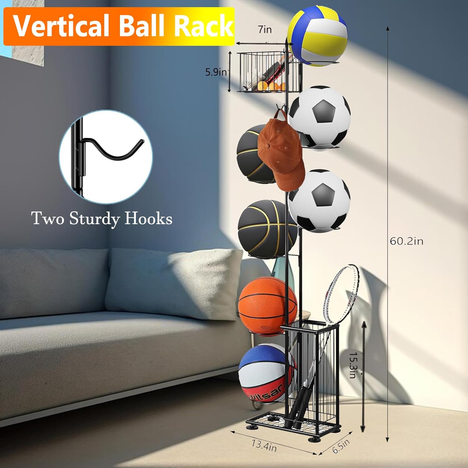 Basketball Rack,Sports Equipment Organizer,7 Tier Standing Basketball Holder Garage Ball Storage for Volleyball Football Badminton,Indoor/Outdoor Ball Storage Rack with Baskets,Side Bin and Hooks image number 4