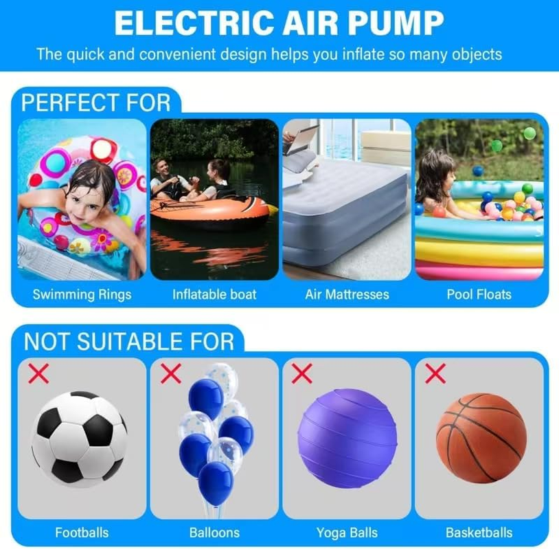 Electric Air Pump Portable for Swimming Rings Inflatable Boat Air Mattresses Pool Floats Raft Sofa Kayakquick-Fill Air Pump with 3 Nozzles, 110-240V AC/12V, Perfect Inflator/Deflator Pumps