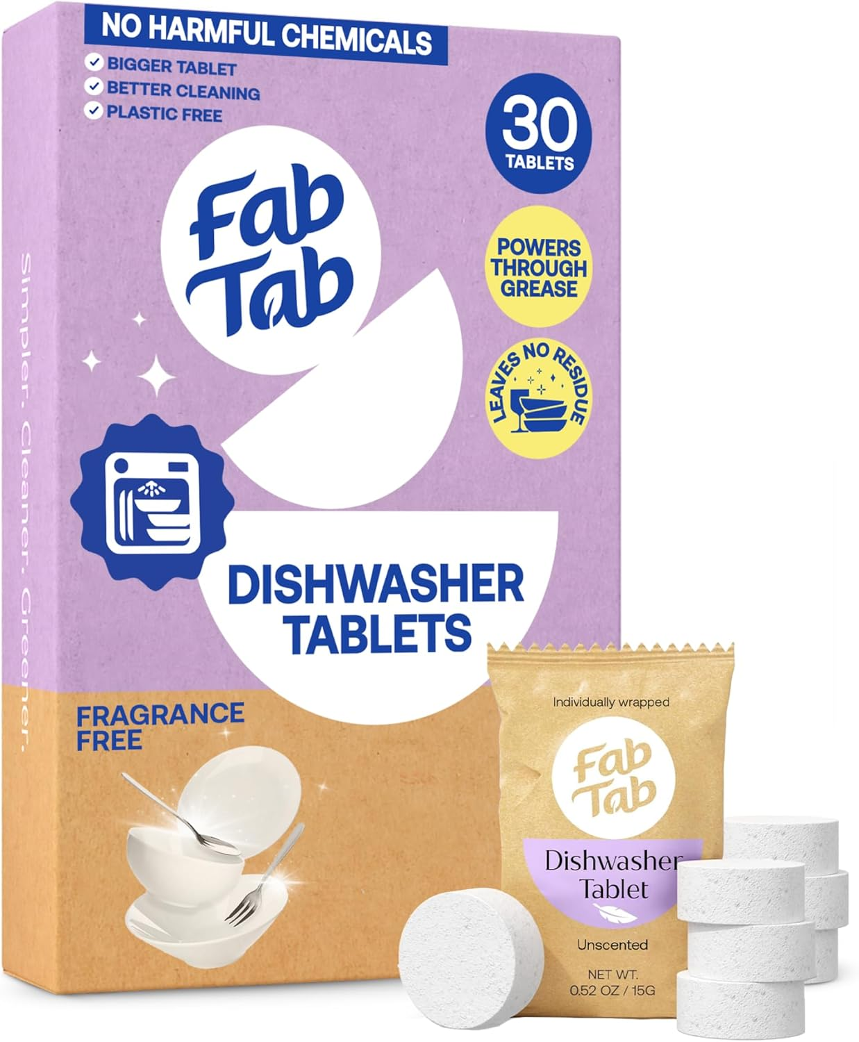 Fab Tab Dishwasher Tablets, Unscented, a Plastic Free Dishwasher Pod Alternative, Powers through Grease, Leaves No Residue, Safe for the Whole Family, Individually Wrapped