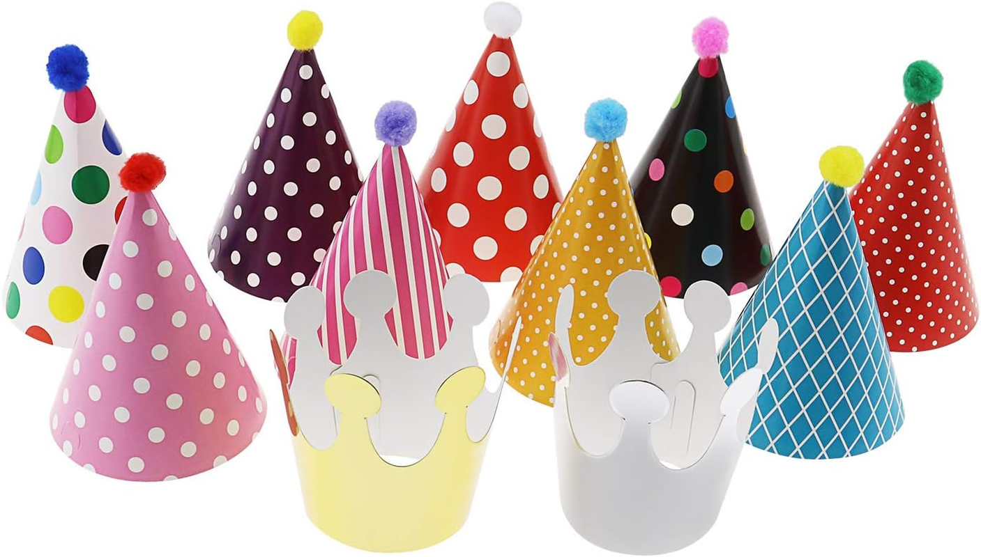 SING F LTD 11Pcs Mini Party Hat Kit, 9 Cone Hat and 2 Crown for Birthday Holiday Kid Pet Family Party Deco Props image number 1