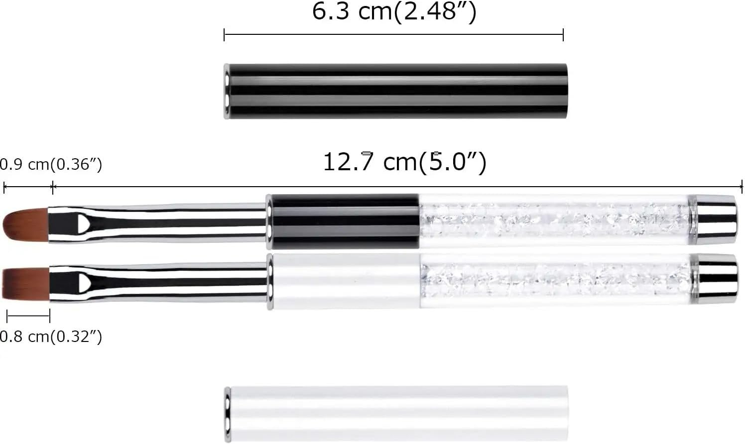 2Pcs Oval & Flat UV Gel Nail Brush Set Rhinestone Handle Professional Nail Art Design Brushes (Black and White, One Size)