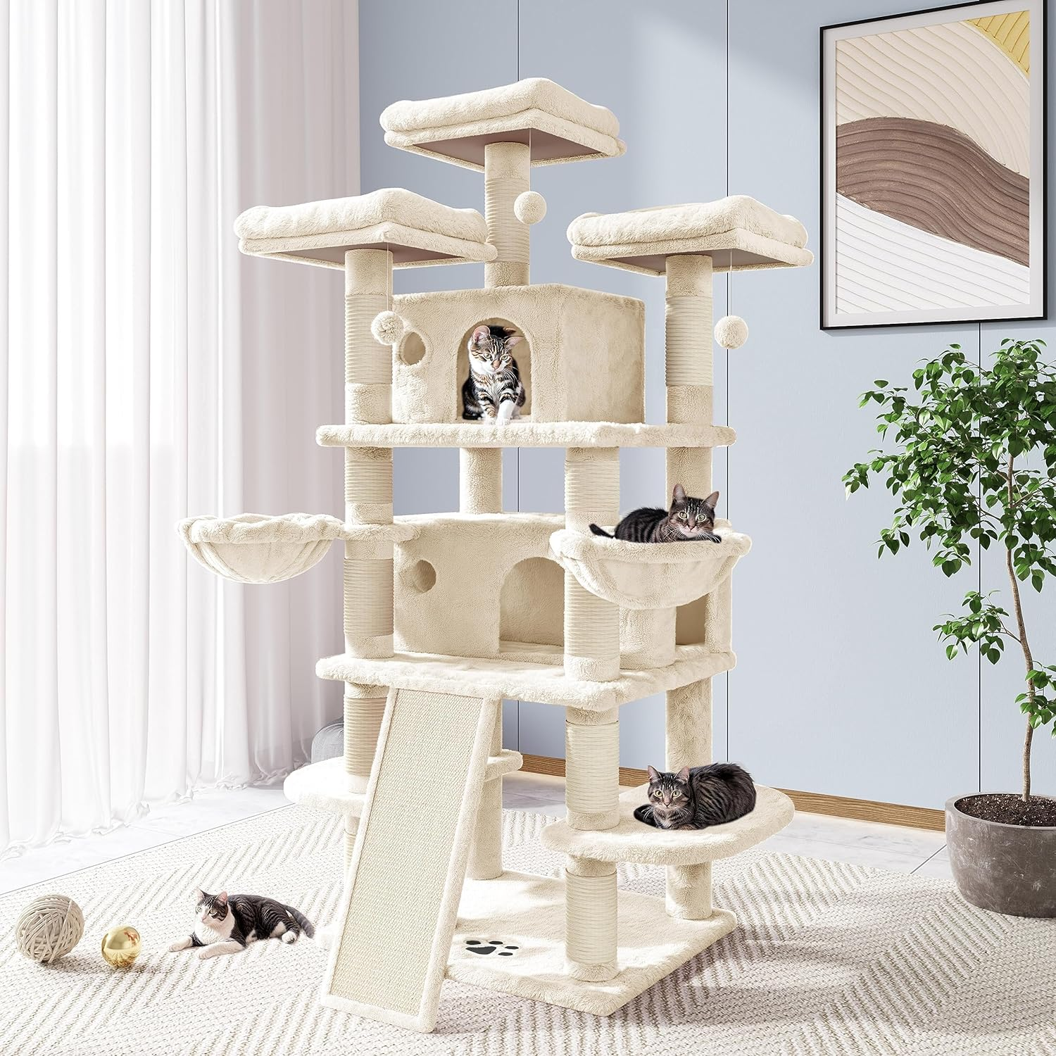 Allewie 68 Inches Cat Tree/House and Towers for Big Feline/Scratching Post/Multi-Level Large Kitty Climbing Tree with Condo/Smokey Grey
