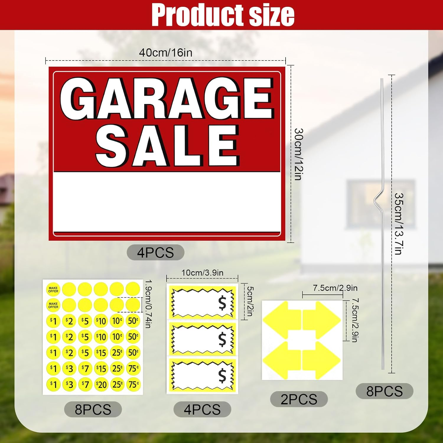 4Pcs Garage Sale Sign, Garage Sale Signs Set with Stakes 16X12 Inch Double Sided Yard Sale Signs with Arrow Price Stickers Waterproof Garage Sale Sign for Sales Event