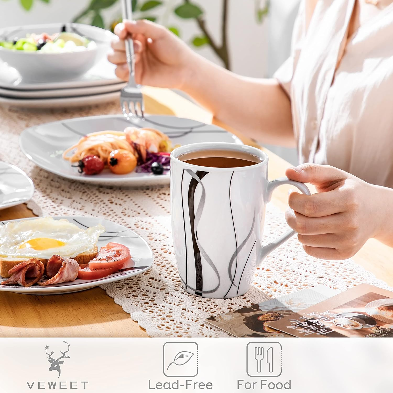 VEWEET Coffee Mugs Set of 6, 16 OZ Large Coffee Cups Set, White Mug Sets Ceramic Mugs Set with Big Handle, Microwave Dishwasher Safe, Series Fiona image number 3