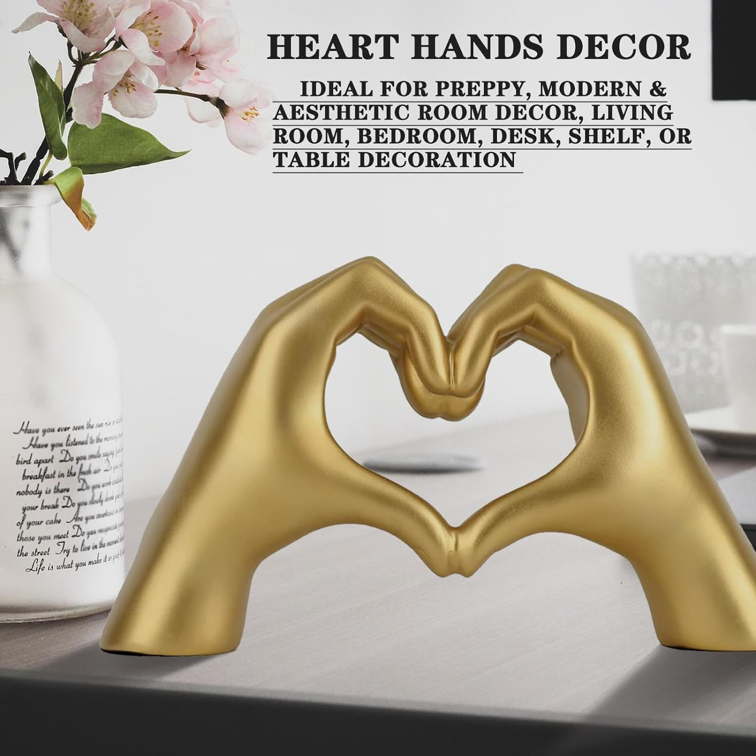 Heart Hands Gold Decor,Love Hand Statue - Heart Shape Finger Statues for Preppy, Modern & Aesthetic & Wedding Room Decor, Living Room, Bedroom, Desk, Shelf, or Table Decoration (Gold) - Gold image number 2