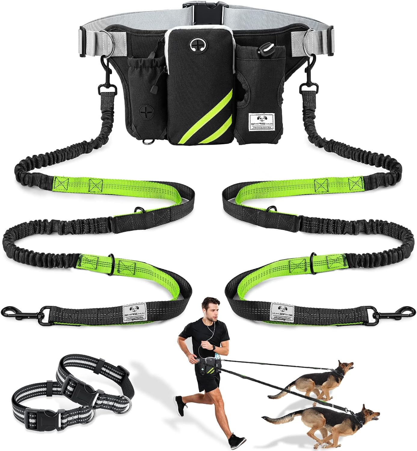Shine HAI Retractable Hands Free Dog Leash with Dual Bungees for 2 Dogs, Adjustable Waist Belt, Reflective Stitching Leash for Running Walking Hiking Jogging Biking Black - Green MA-US22-DL
