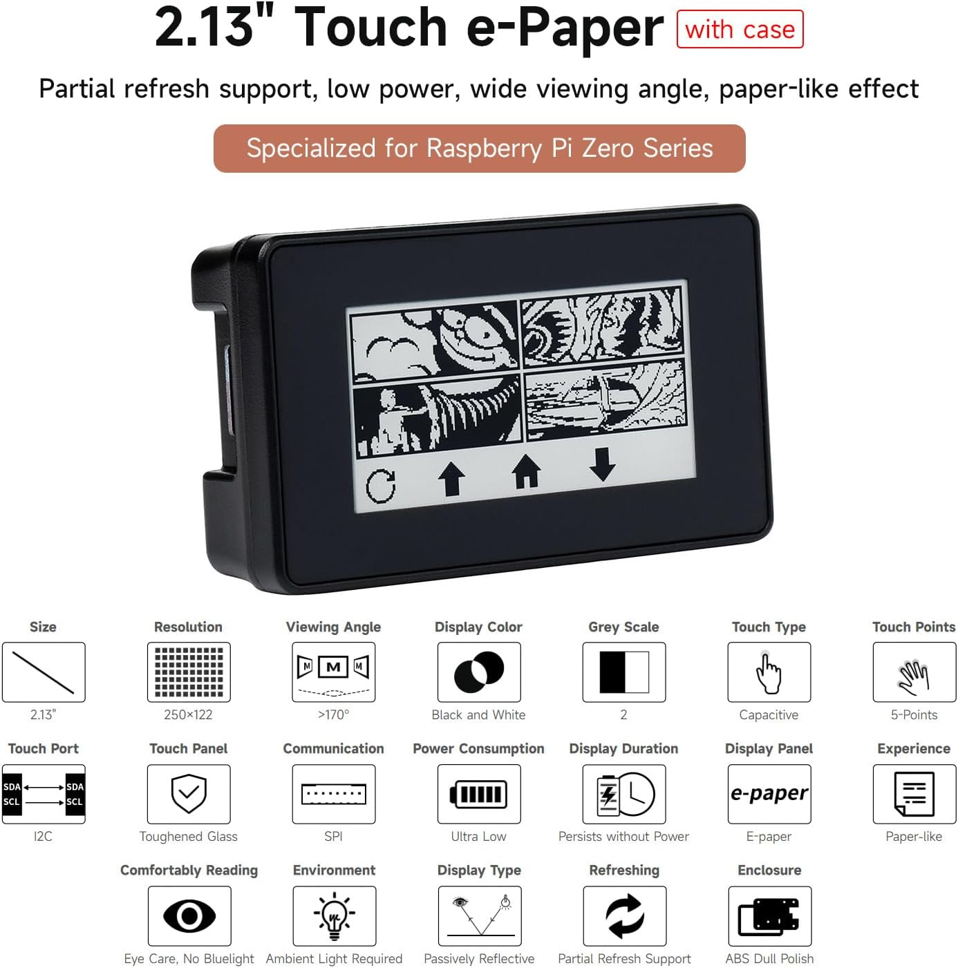 Waveshare 2.13Inch Touch E-Paper E-Ink Display for Raspberry Pi Zero 250&times;122 Pixels Supports Partial Refresh with ABS Protection Case