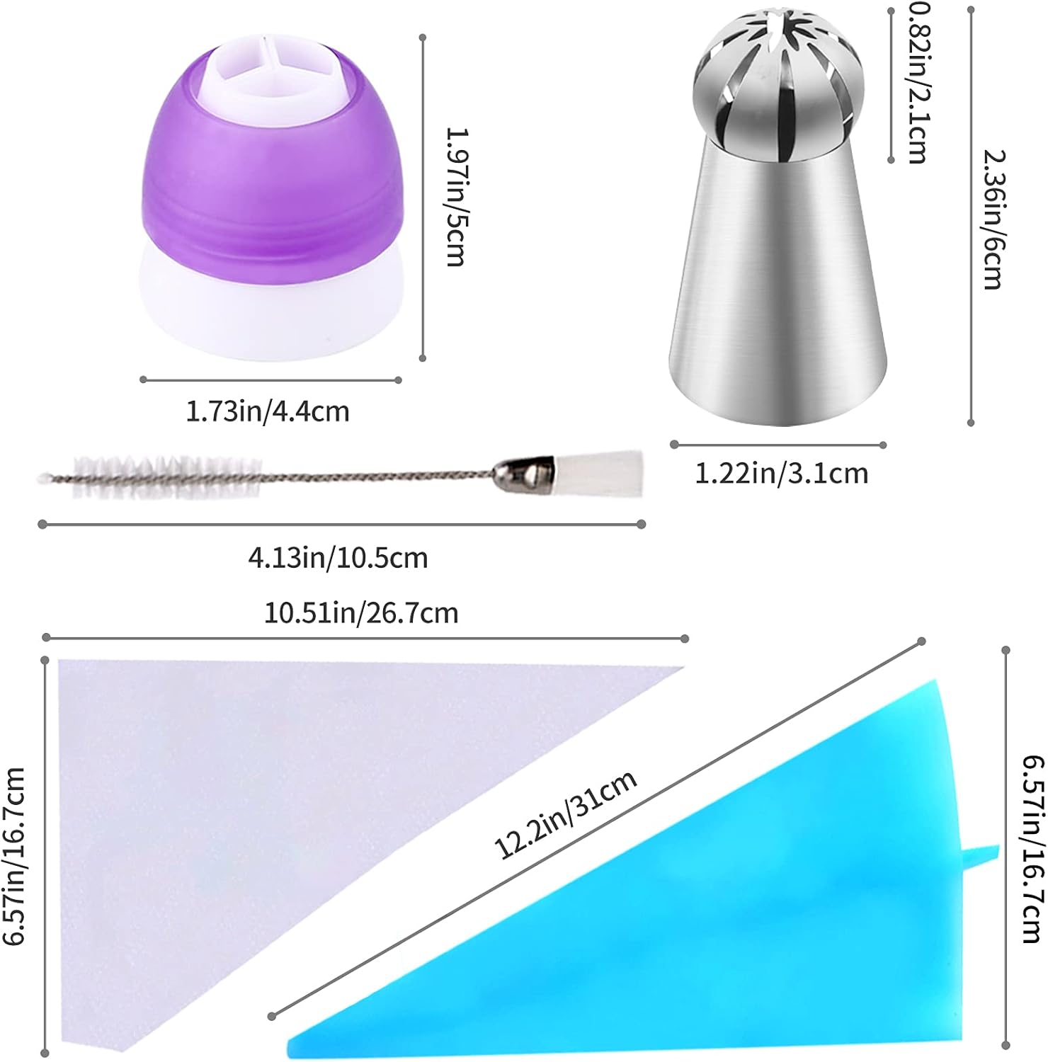 42 Pcs Russian Piping Tips Set, 8 Nozzles Flower Frosting Icing Tips Russian Ball Piping Tips for Cake Decorating Kit, 2 Couplers 30 Pastry Baking Bags 1 Cleaning Brush, 1 Reusable Silicone Bag - Silver image number 6