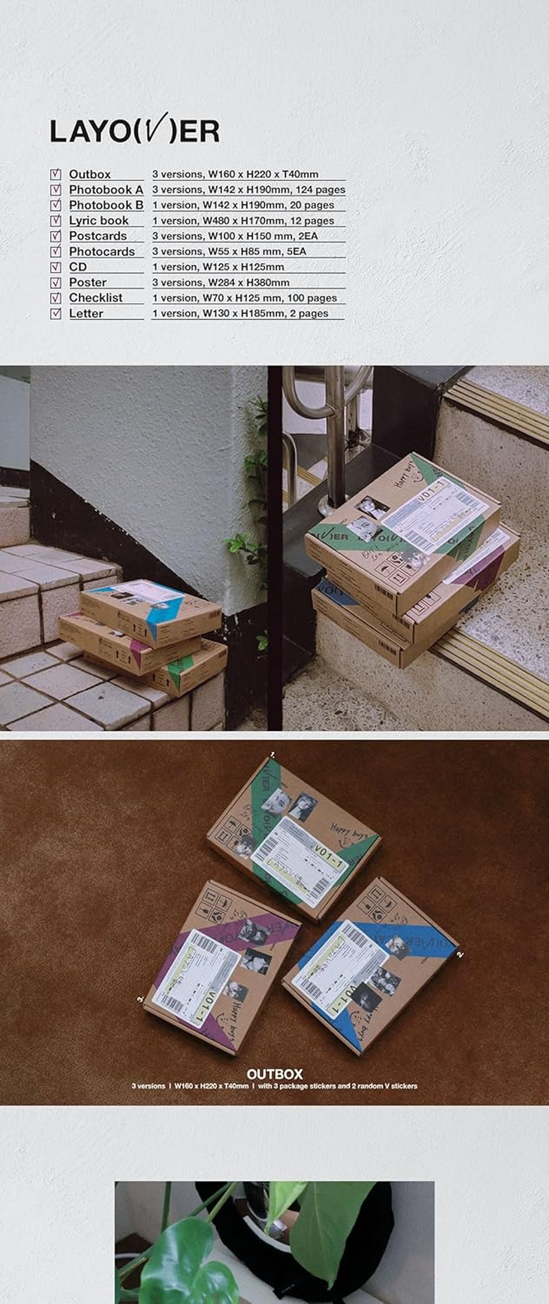 BTS V Layover 1St Solo Album Standard Random Version Outbox+Cd+124P Photobook A+20P Photobook B+12P Lyric Book+2P Postcard+5P Photocard+100P Checklist+2P Letter+Tracking Sealed image number 5