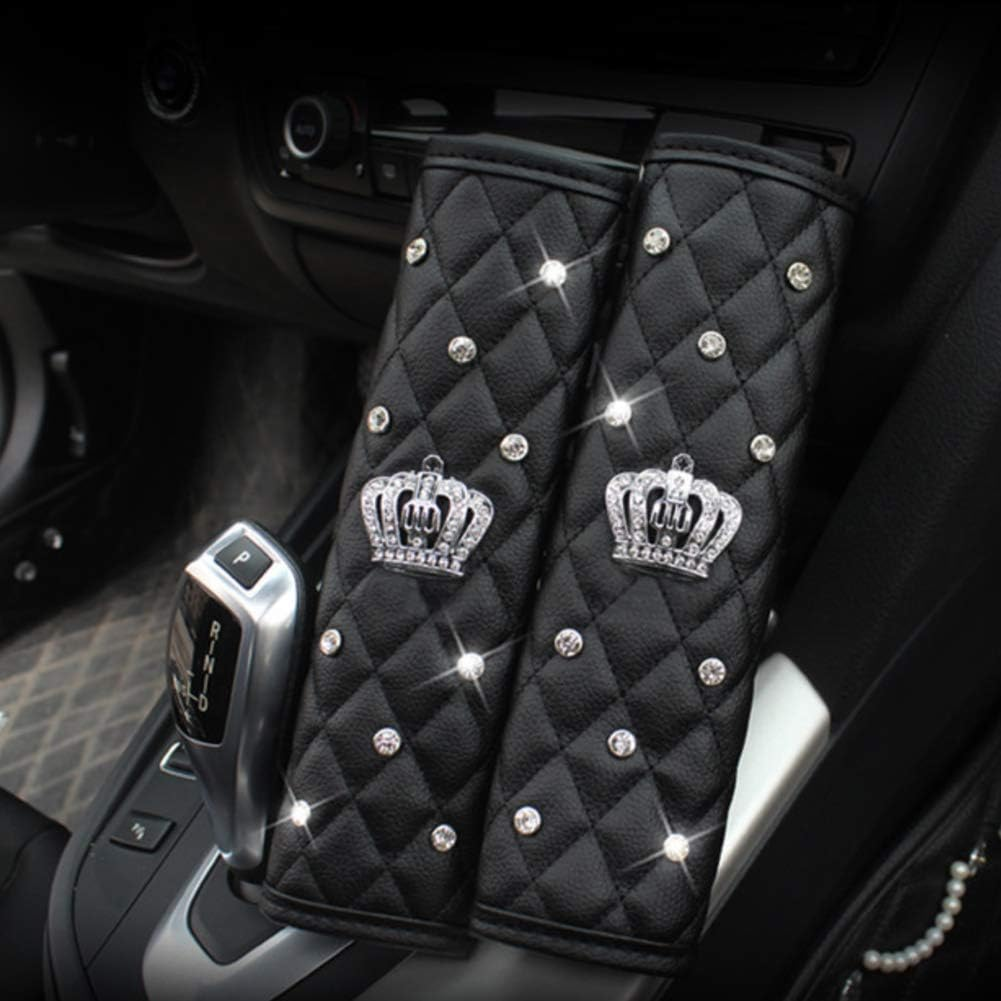 Leather Car Seat Belt Cover Shoulder Seatbelt Pad Handbrake Cover Gear Shift Cover with Bling Rhinestones Crown Car Accessories(4 Pcs) - Bling Ice Silk image number 5