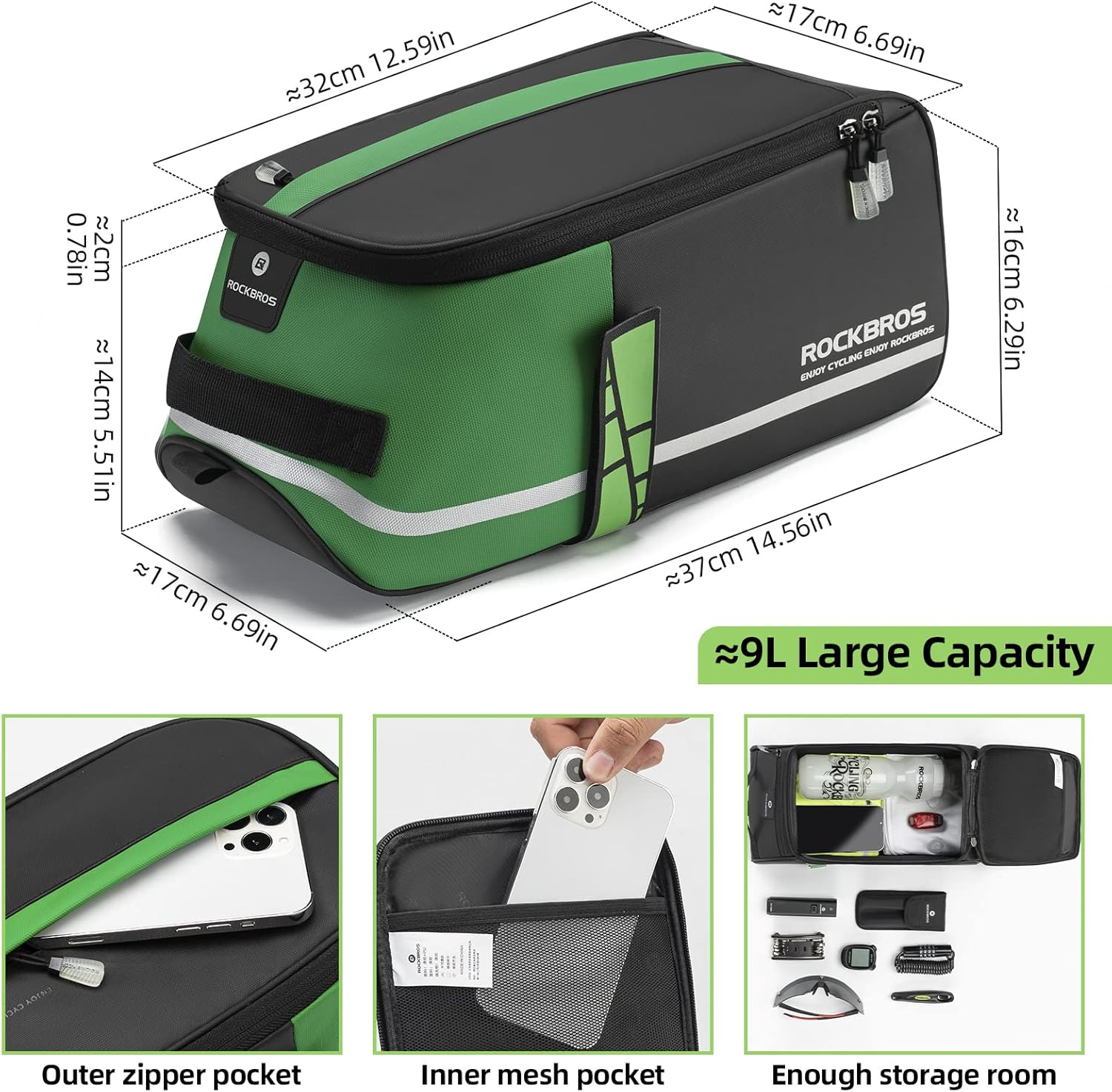 ROCKBROS Bike Rear Rack Bag Bike Trunk Bag Reflective Bicycle Rear Seat Saddle Bag Cycling Luggage Panniers with Shoulder Straps, Green Rain Cover