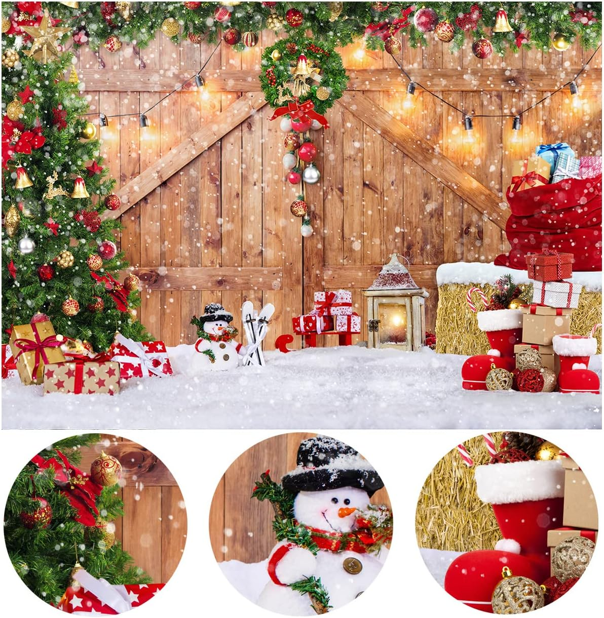 SJOLOON Rustic Christmas Barn Wood Door Backdrop for Photography Xmas Tree Snow Gift Wall Floor Party Photo Background Winter Holiday Family Supplies Banner Decoration Studio Props 12391 (10X8Ft) image number 1