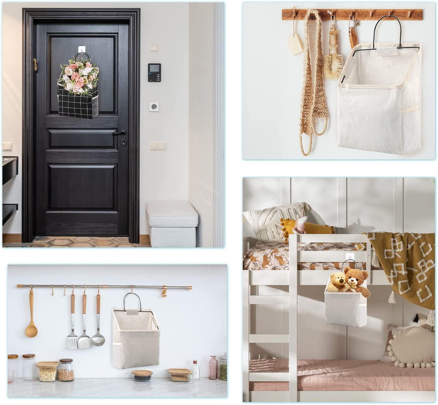 Surblue Wall Hanging Storage Bag with Sticky Hook, Closet Hanging Storage for Pocket, Bathroom Dormitory Organizer Bag, Linen Cotton Organizer Box Containers for Bedroom(White) image number 4