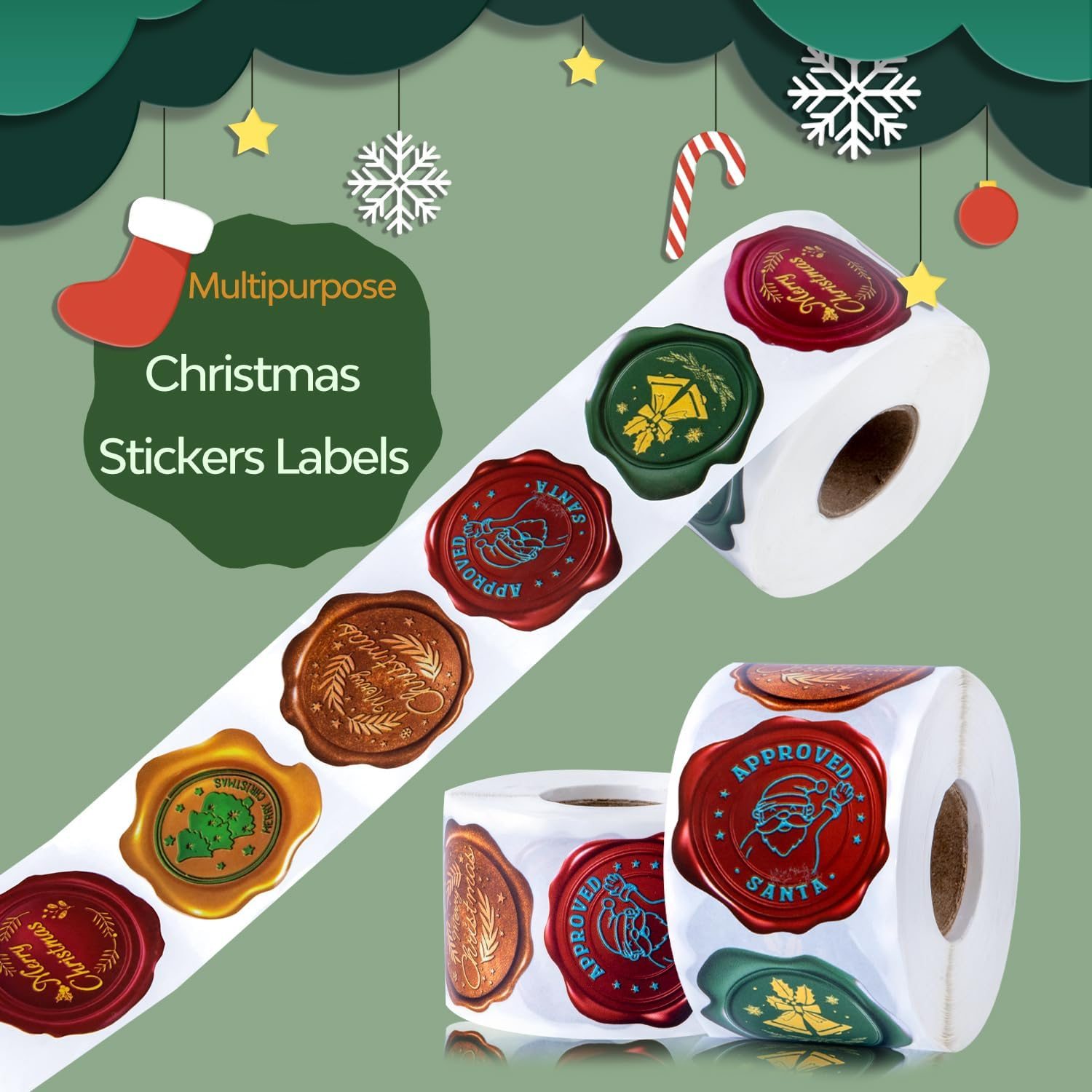 Christmas Wax Seal Sticker Roll - 500-Count Self-Adhesive Vintage Christmas Seals for Envelopes, Gift Wrapping, Cards, and Holiday Decor - Includes Santa, Christmas Tree, Bells & More Festive Designs image number 4