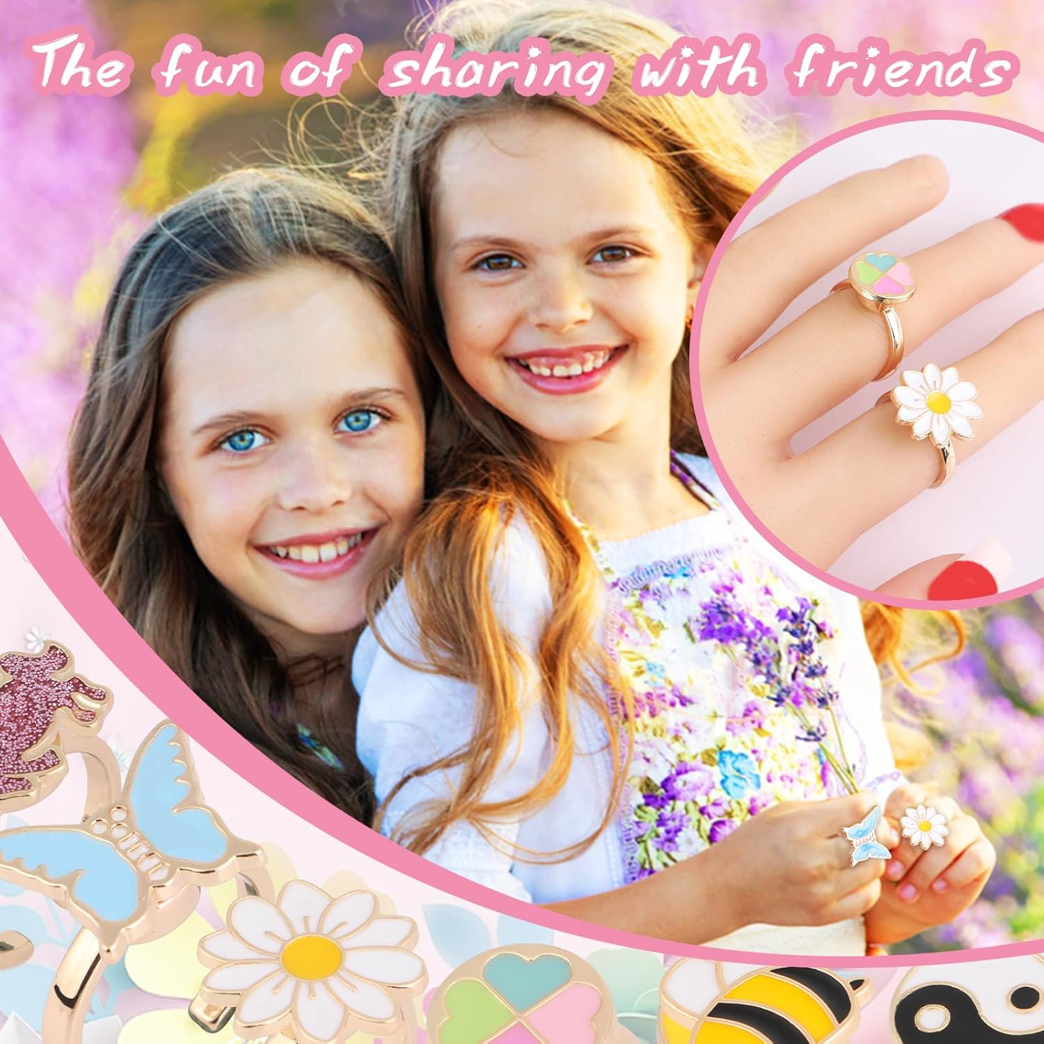 Mjartoria 7Pcs Fidget Rings for Anxiety, Shell Butterfly Unicorn Flower Stainless Steel Spinner Ring Set for Teen Girls Mood Rings Stress Relieving Wide Rings Set