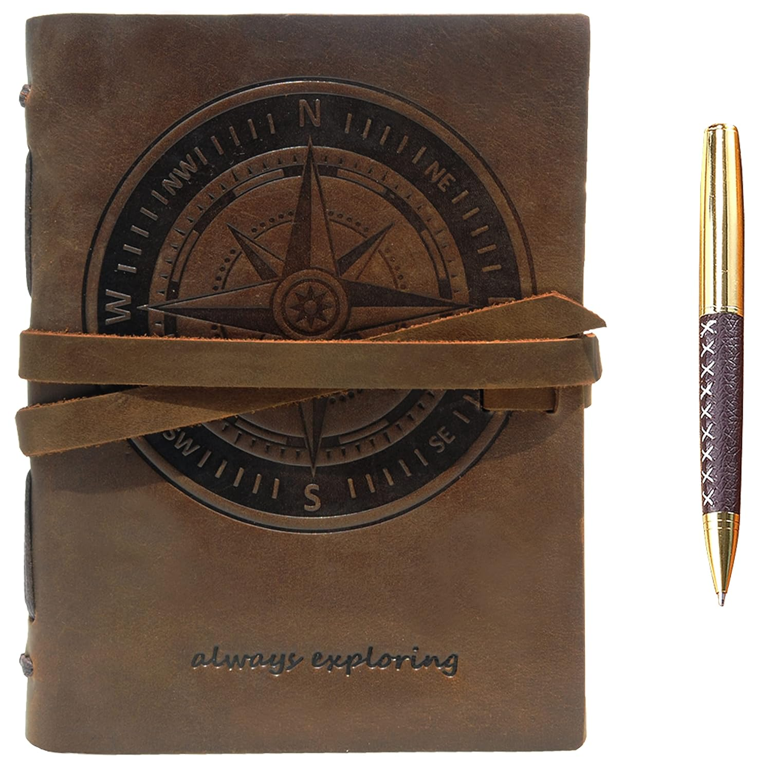 Leather Journal Nautical Compass Notebook Embossed Maritime Sea Adventure A5 Travel Diary, for Men for Women, Genuine Vintage Rustic Leather 6" X 8", Bound for Writing Notes Handmade Sketchbook + Pen image number 2
