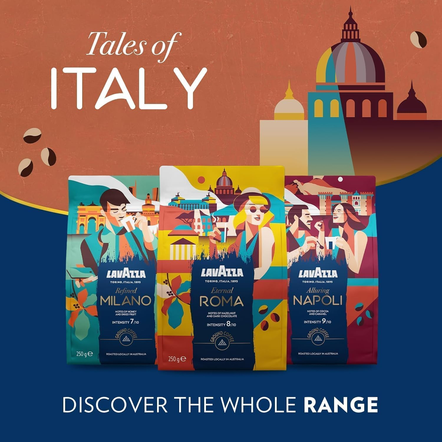 Lavazza, Tales of Italy Eternal Roma, 1 Kg, Ground Coffee, Ideal for Moka Pot, with Notes of Hazelnut & Dark Chocolate, Arabica & Robusta, Intensity 8/10, Medium Roasting, Roasted in Australia, 4X250G image number 0