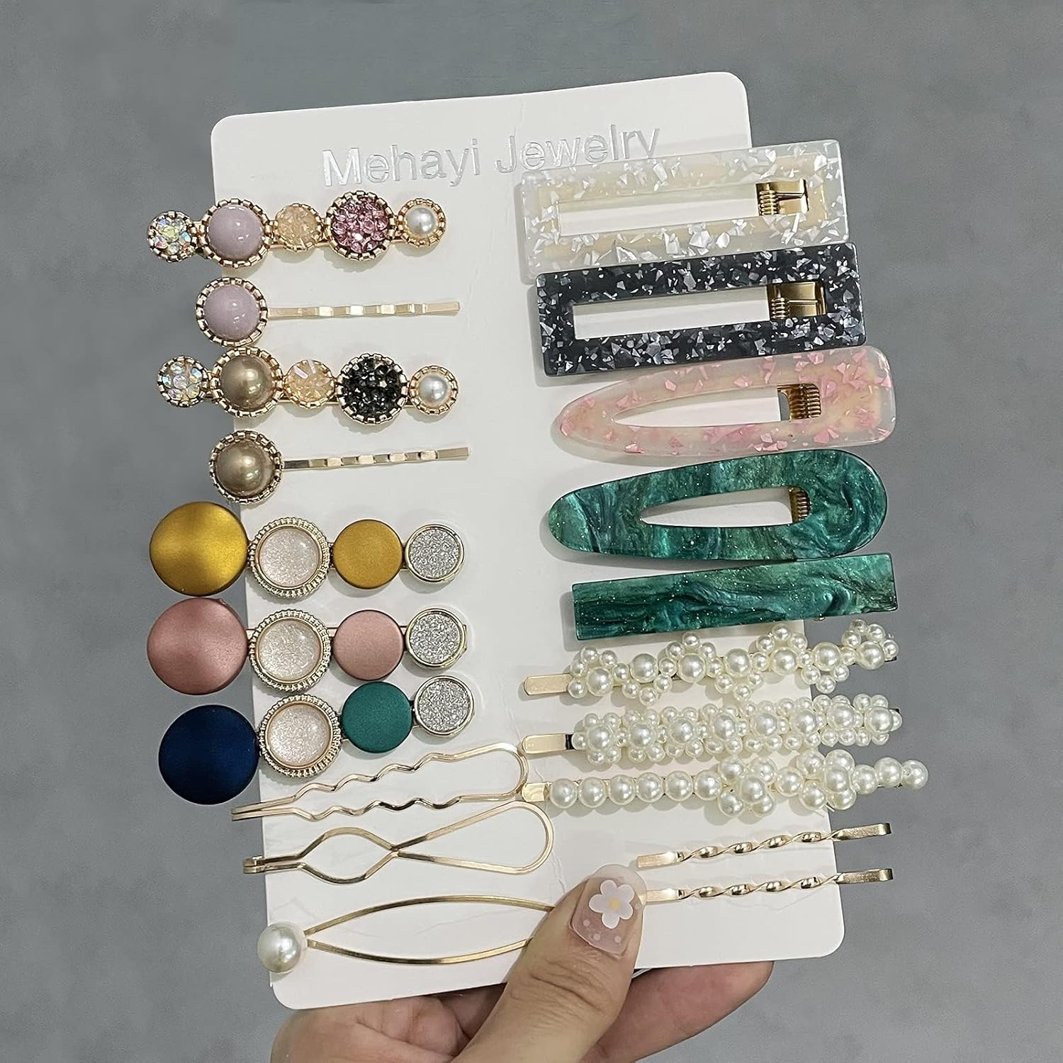 Mehayi 20 PCS Pearls and Acrylic Resin Hair Clips, Handmade Hair Barrettes, Marble Alligator Bobby Pins, Glitter Crystal Geometric Hairpin, Elegant Gold Hair Accessories, Gifts for Women Girls image number 4