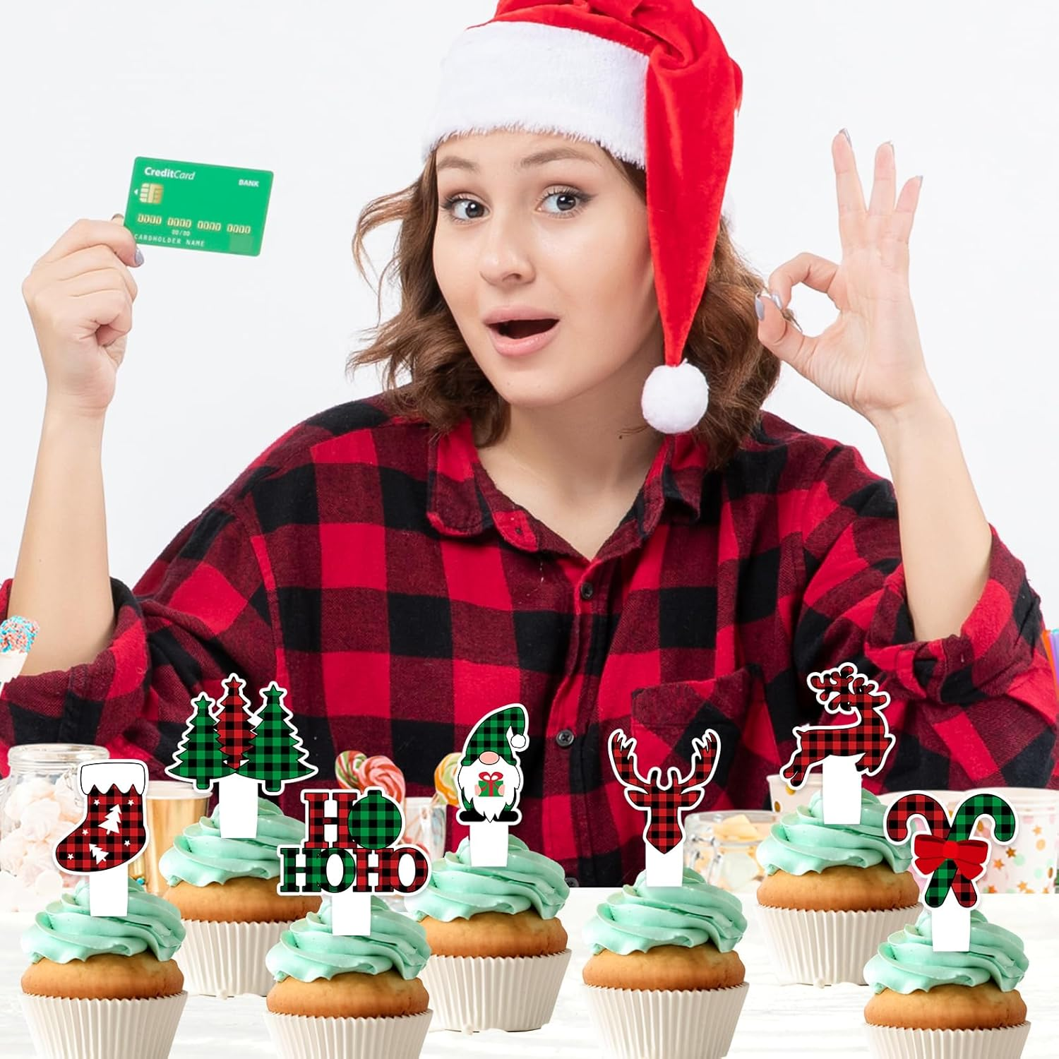 24Pcs Merry Christmas Cupcake Toppers Set Happy Birthday Gingerbread, Ugly Sweater, Elk, Buffalo Decoration, Boys and Girls Birthday Party, Baby Shower Party Decoration, Holiday Gifts for Kids.Liangss image number 6