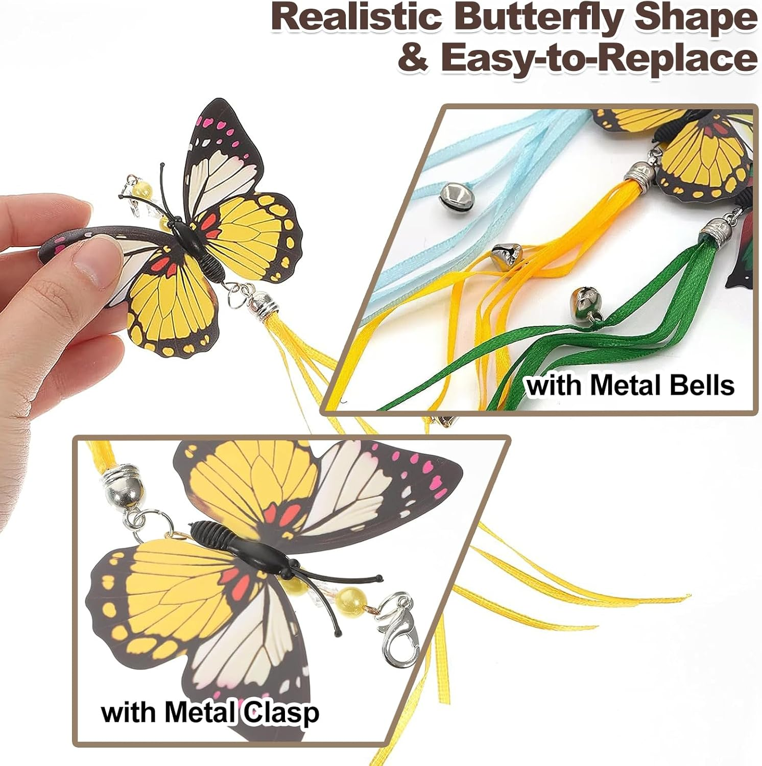 Adpartner Cat Wand Toys, 10-Pack Cat Teaser Toys with 8Pcs Replacement Feathers Butterflies & 2Pcs Flexible Steel Wire Teaser Wands, Interactive Cat Feather Toys with Bells for Play Chase Exercise