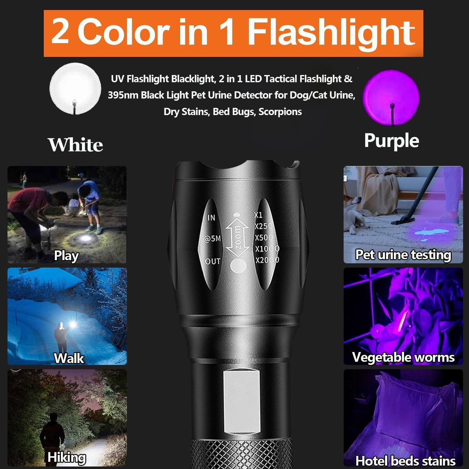 UV Flashlight, Portable Blacklight Flashlight, LED Torch with White and UV Light Combo, Black Light Pet Urine Detector for Dog/Cat Urine, Dry Stains, Scorpions Finder, Bed Bug, Outdoor image number 3