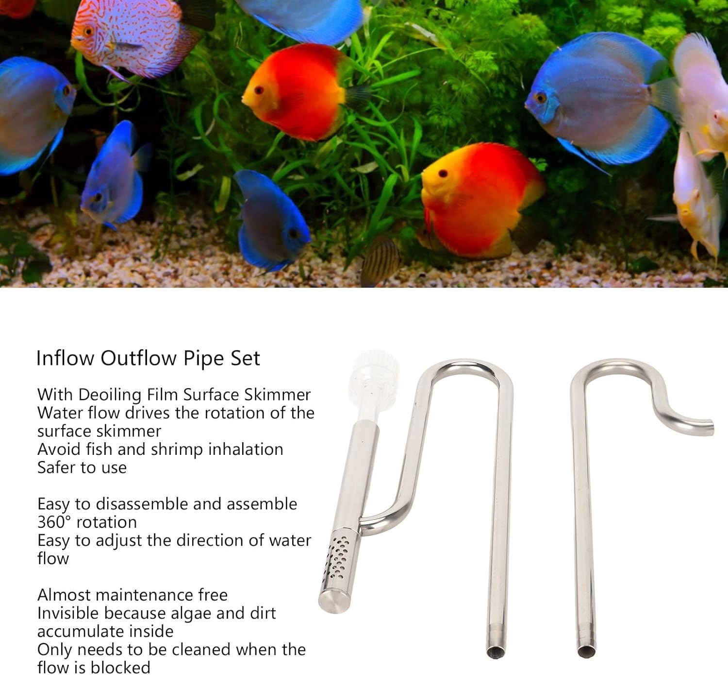 Aquatic Lily Pipe Set, Adjustable Inflow Outflow Lily Pipe with Surface Skimmer, 304 Stainless Steel Fish Tank Lily Pipe with Removable Bottom, Rust Proof, Prevent Corrosion, (12Mm Outlet with 12Mm Deoiling Film Inlet) image number 5