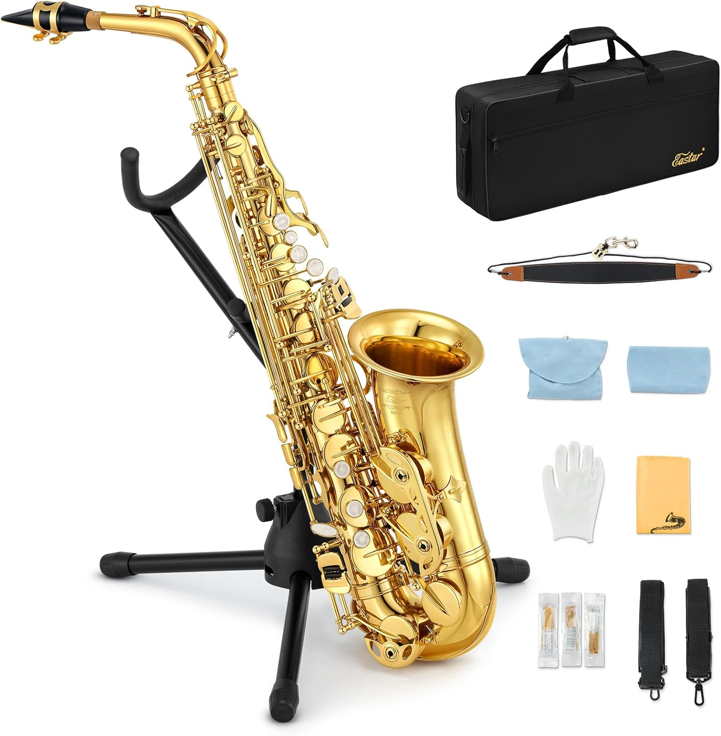 Eastar Professional Alto Saxophone E Flat Eb Gold with Cleaning Cloth, Carrying Case, Mouthpiece, Neck Strap, Reeds and Stand, Full Kit, AS-Ⅲ