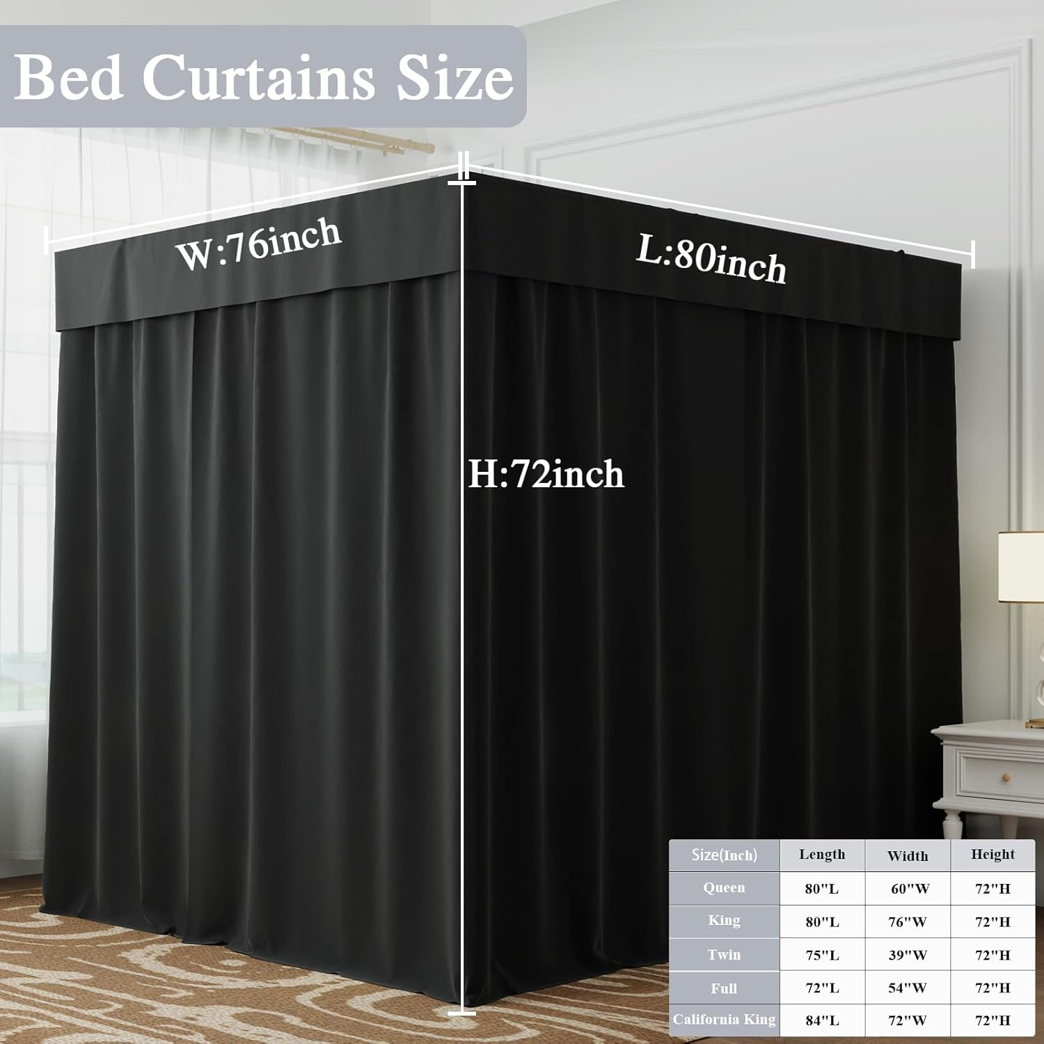 Hvqic Black Canopy Bed Curtains - 4 Corner Post Lightproof Drapes for King Bed - Adults & Girls Bedroom Decoration (King, Black)