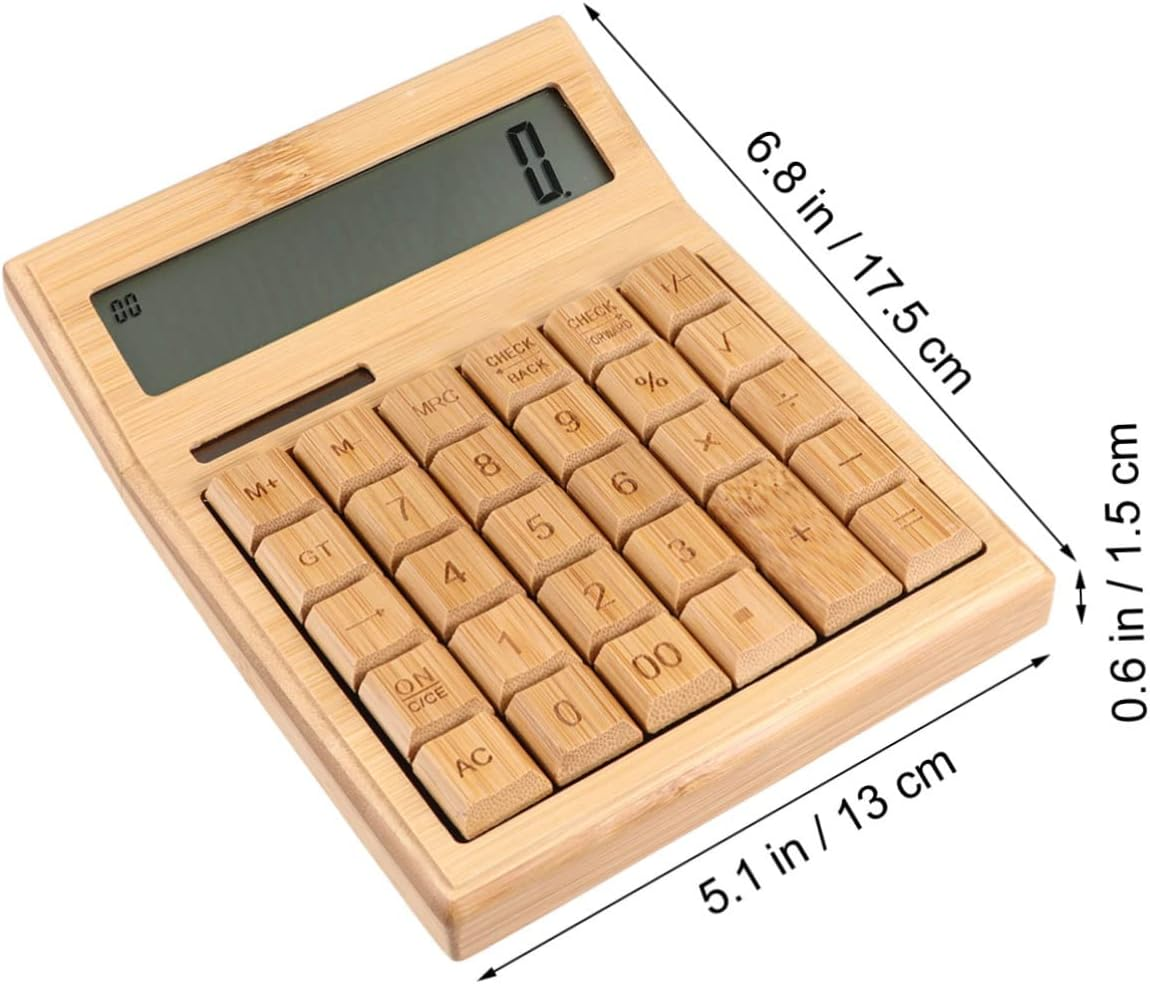 Key Bamboo Solar Calculator for Office Portable Electronic Calculator Buttons for Desk Use and Basic Calculations - Brown image number 3