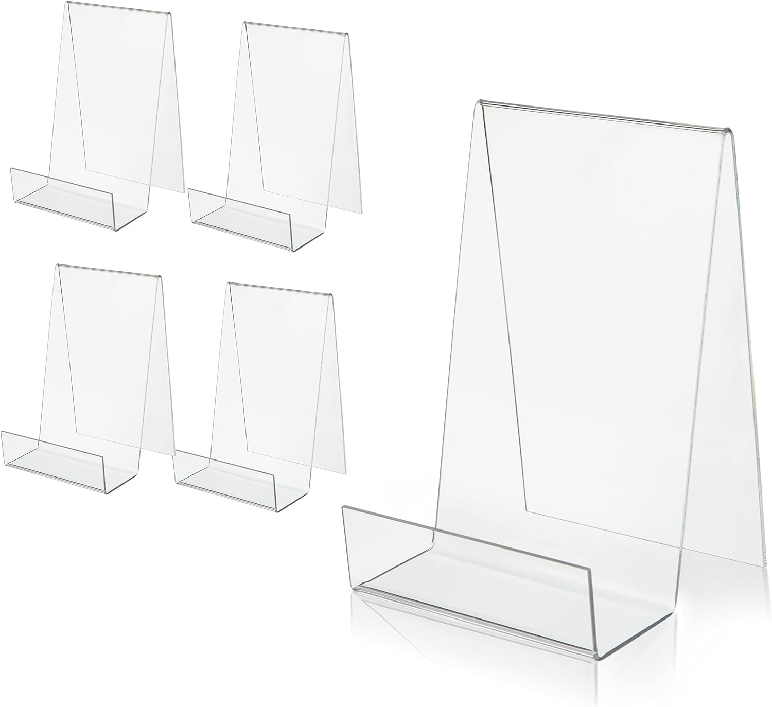 ZOEY Acrylic Book Stand with Ledge Clear Display Easels Plate - 5 Pack Small Book Holder Easel Stand for Books Display, Music Sheets, Artworks, CD, Tablet Holder (Small) image number 5
