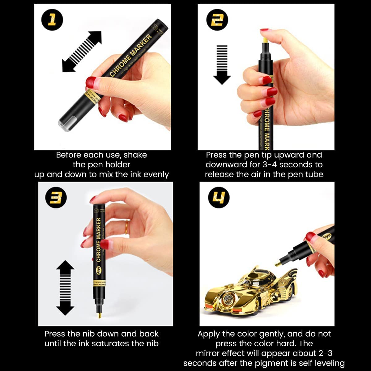 Claumeng 3PCS Liquid Chrome Marker Mirror Paint Pen Set Metallic Marking Markers DIY Art Craft Highlight for Metal Rock Wood Fabric Glass Canvas Width 1Mm to 2Mm (Gold)