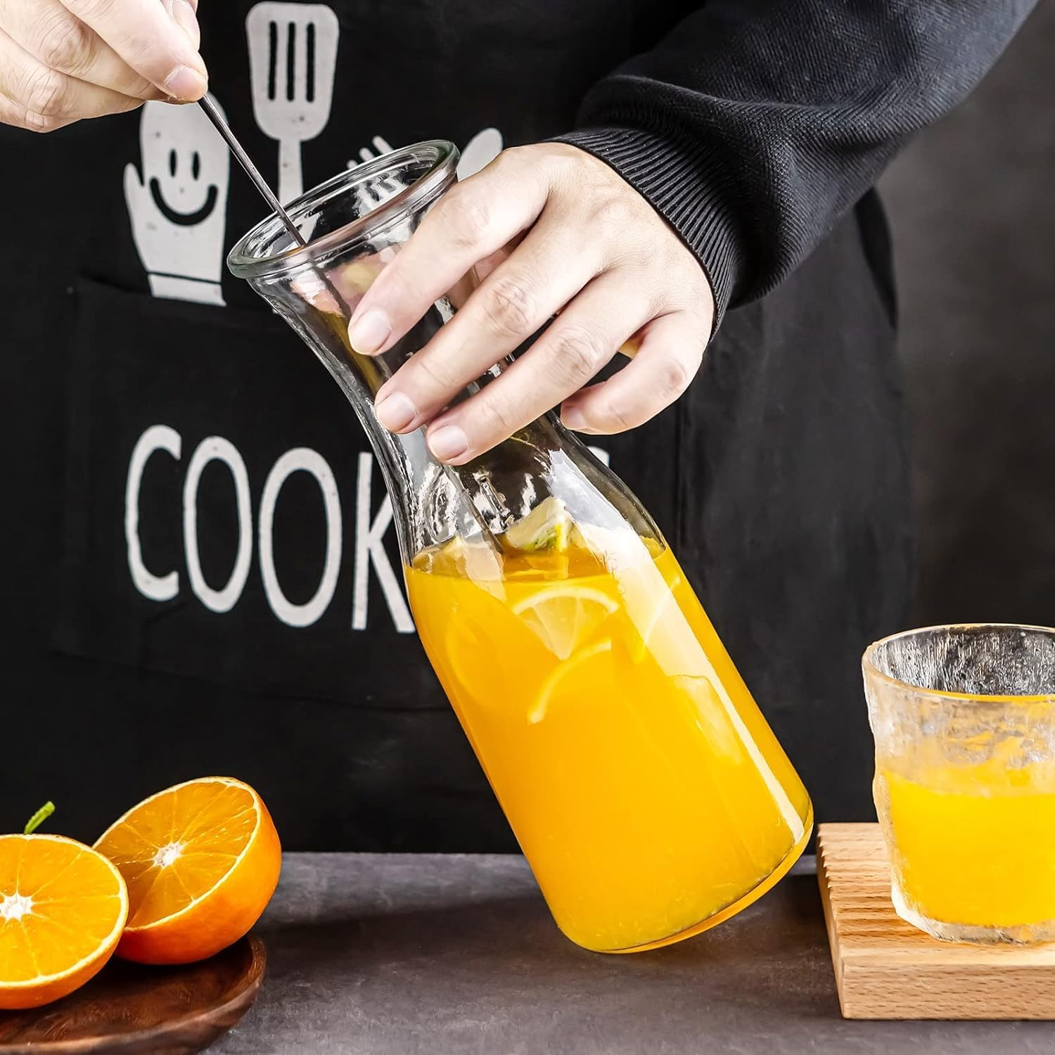 Set of 4 Glass Carafe with Lids, MUVKQC Glass Carafe Pitchers, 1 Liter Water Pitcher Carafe for Mimosa Bar, Brunch, Cold Water, Wine, Iced Tea, Lemonade, Beverage, 34OZ image number 6